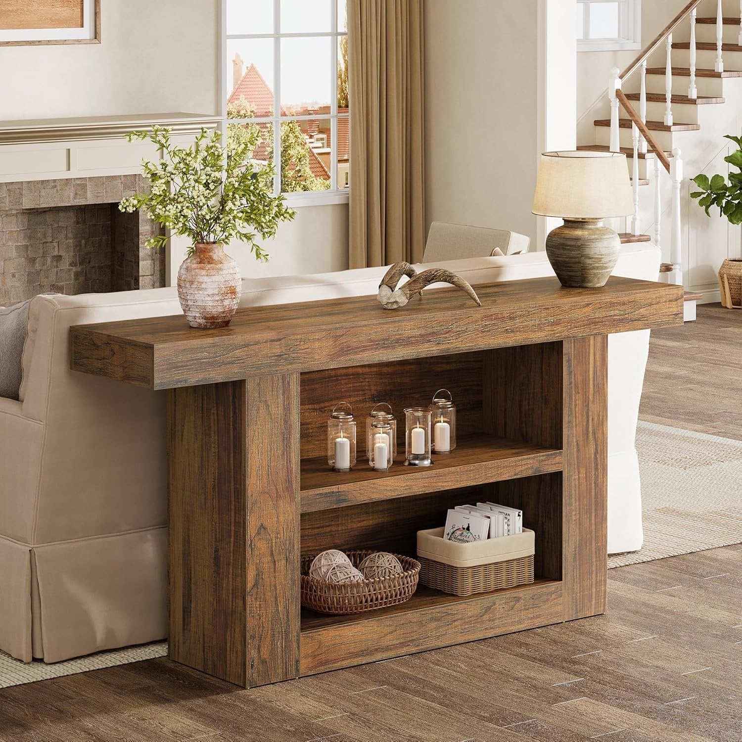 63" Console Table, 3-Tier Farmhouse Entryway Table with U-Shaped Base