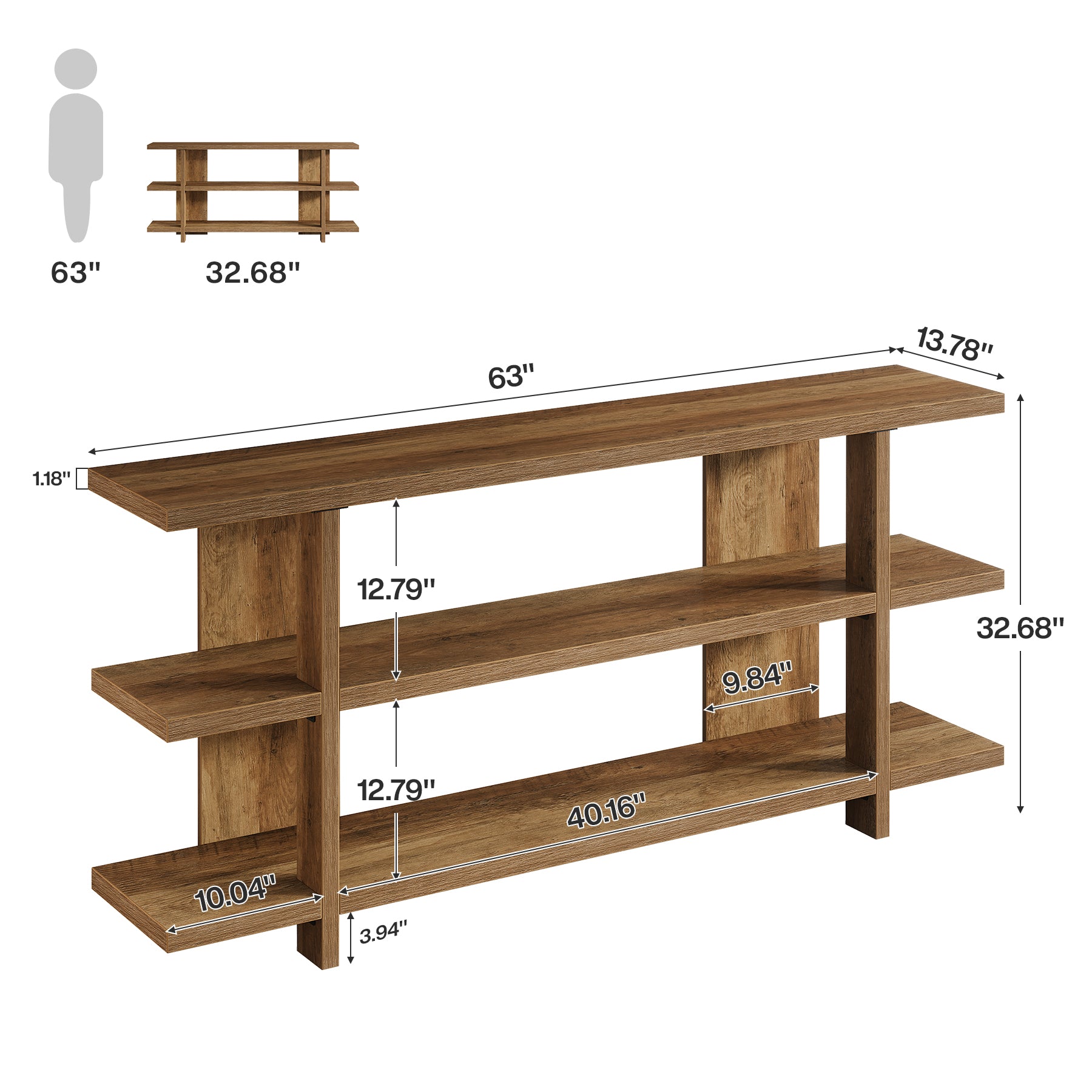 63" Console Table, 3-Tier Narrow Entryway Table Accent Furniture