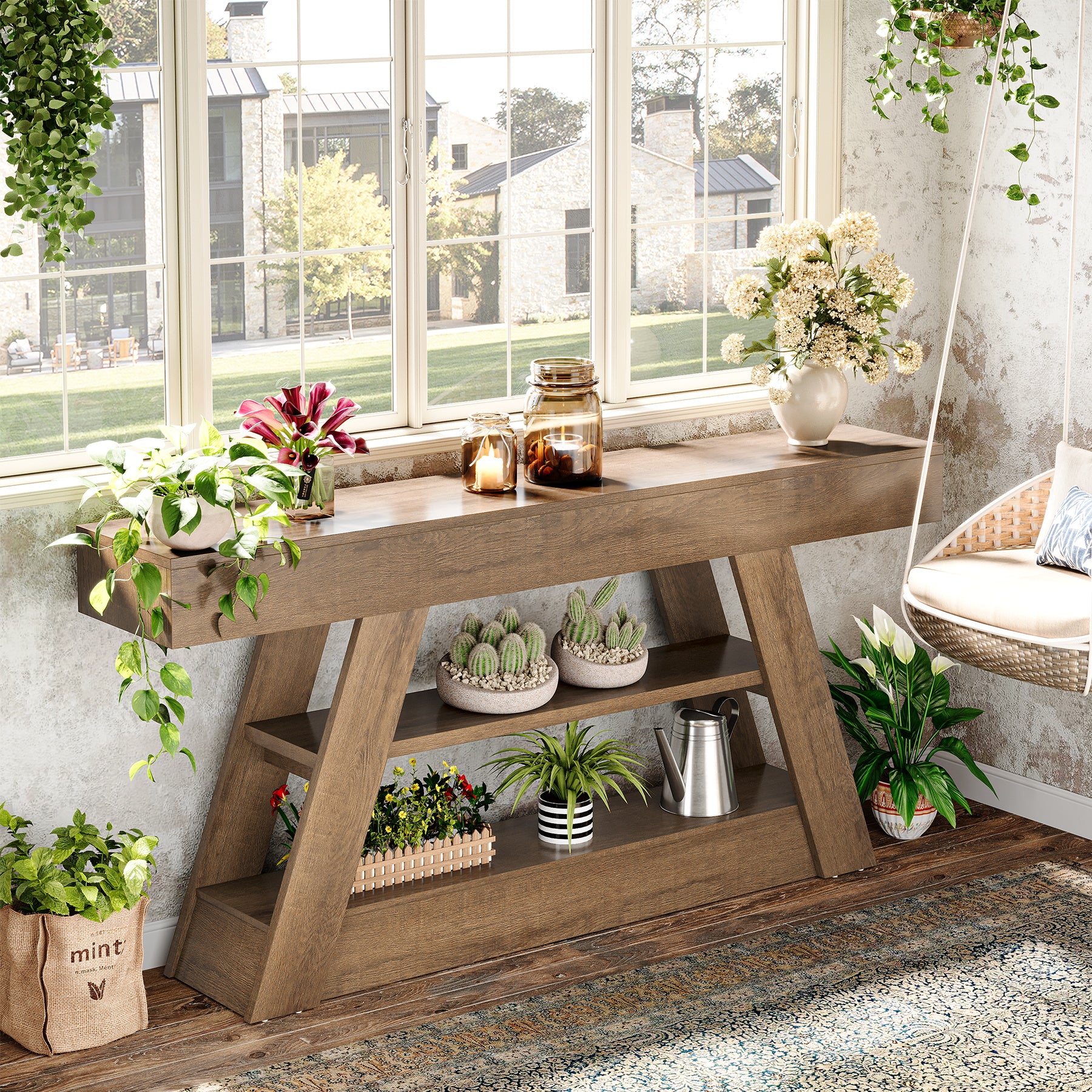 63" Console Table, Entryway Sofa Table with Storage Shelves