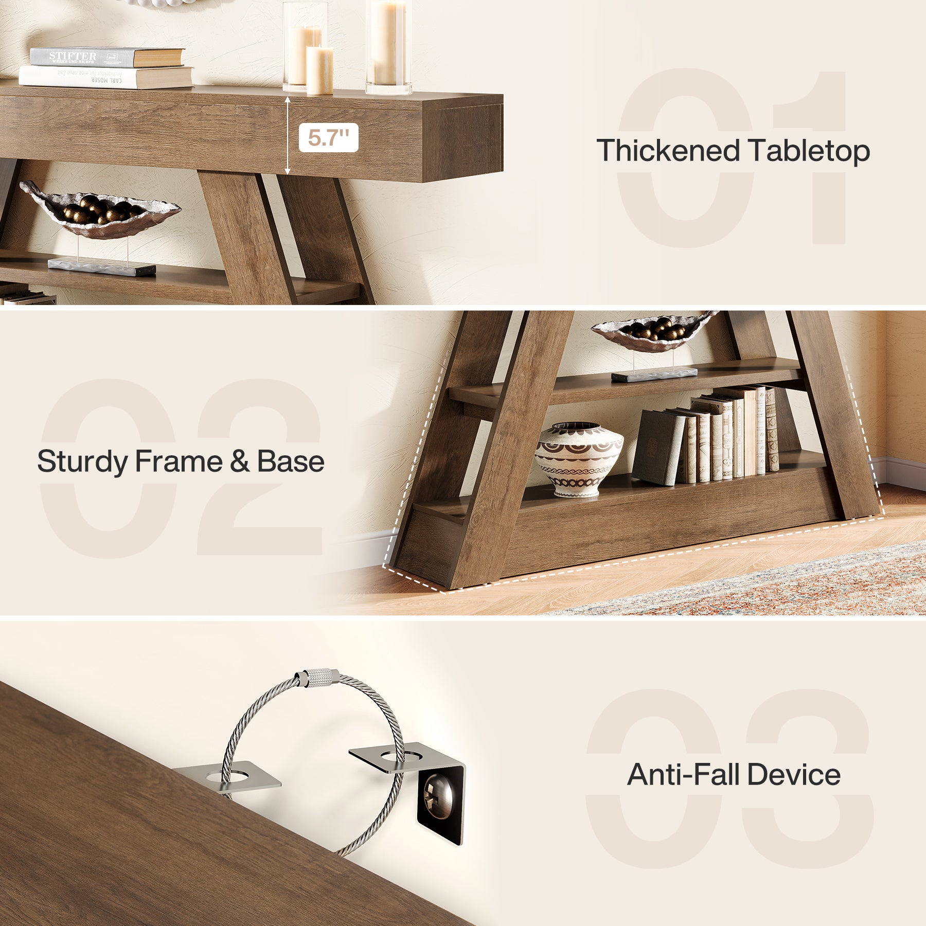 63" Console Table, Entryway Sofa Table with Storage Shelves