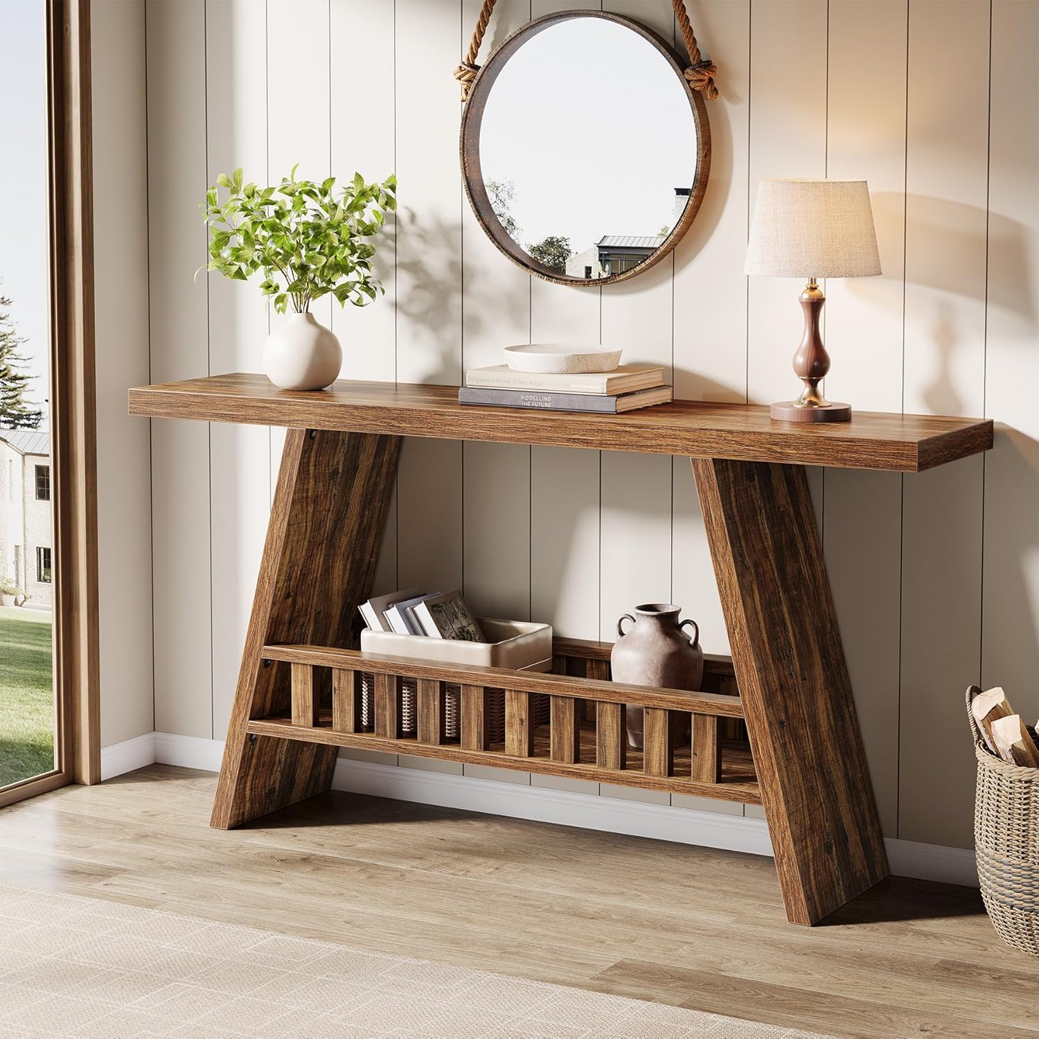 63" Console Table, Farmhouse 2 - Tier Narrow Sofa Table Long Entryway Table Tribesigns