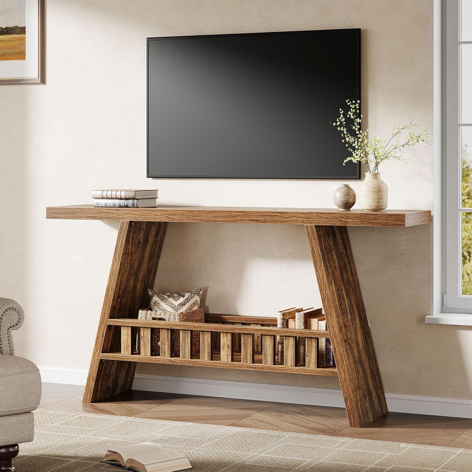 63" Console Table, Farmhouse 2 - Tier Narrow Sofa Table Long Entryway Table Tribesigns