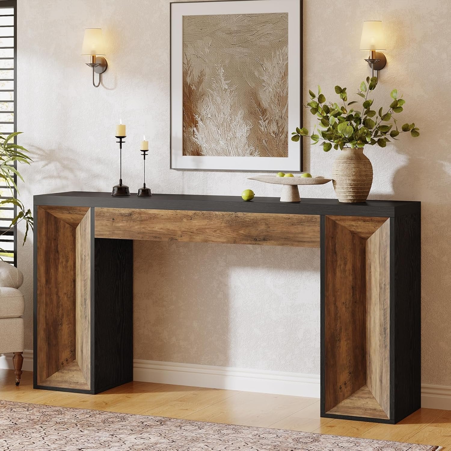 63" Console Table, Farmhouse Entryway Table Sofa Table with Dual-Tone Design