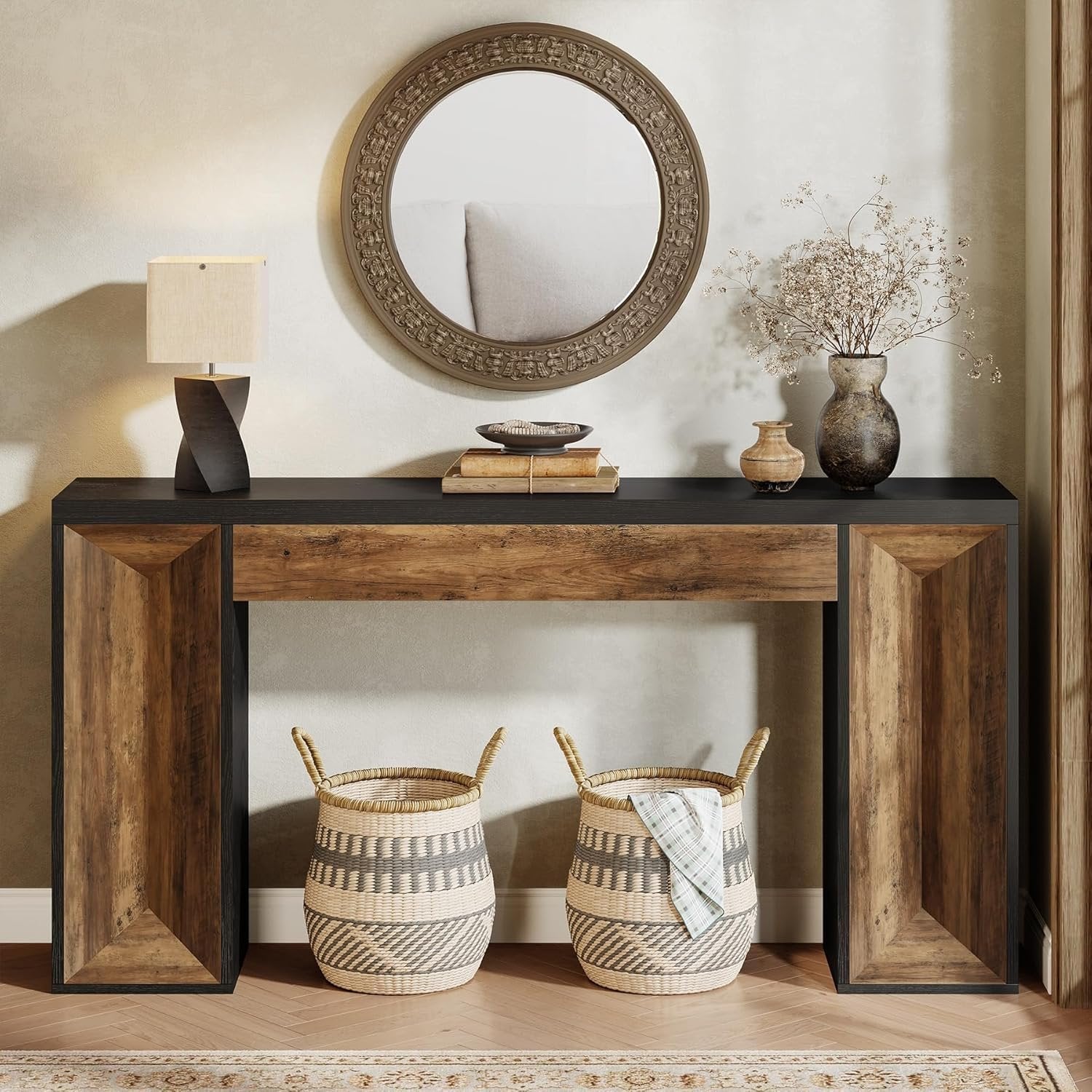 63" Console Table, Farmhouse Entryway Table Sofa Table with Dual-Tone Design