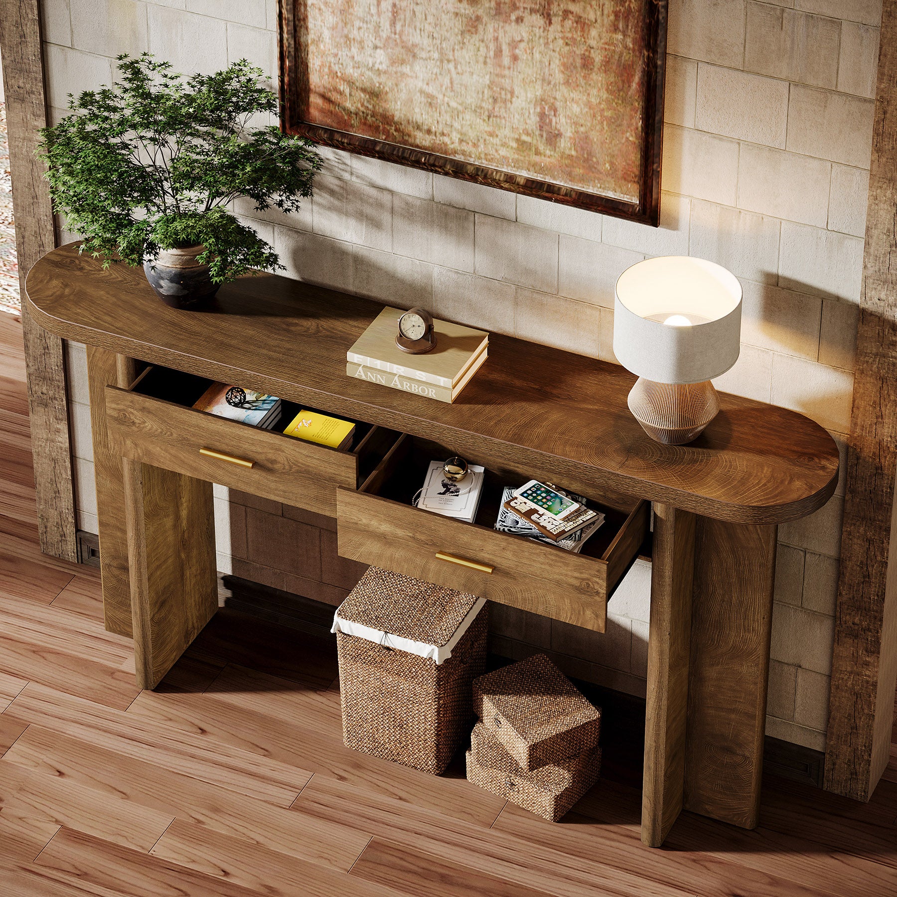 63" Console Table, Farmhouse Oval Curved Entryway Table with 2 Drawers