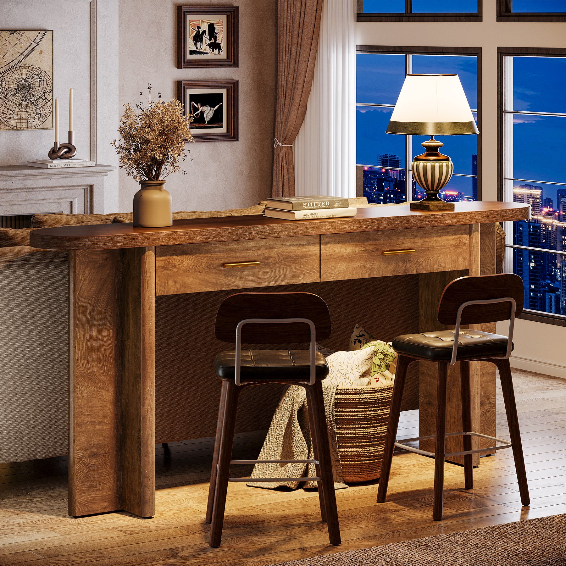 63" Console Table, Farmhouse Oval Curved Entryway Table with 2 Drawers