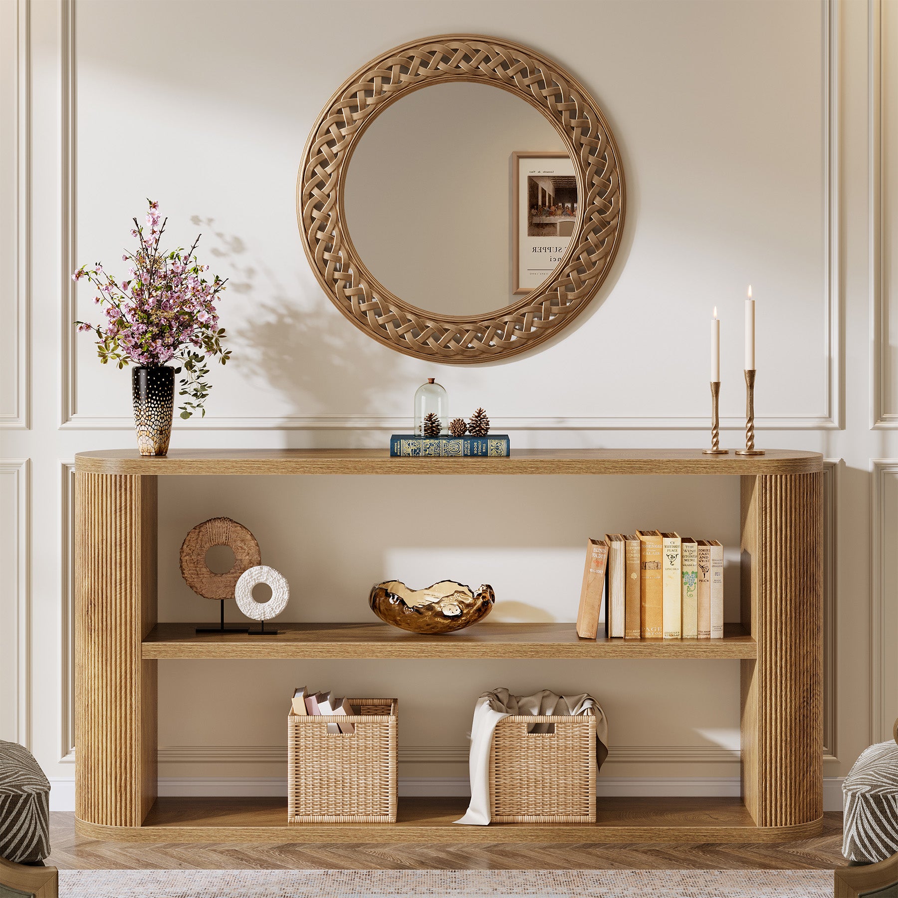 63" Console Table, Farmhouse Sofa Entryway Table with 3-Tier Shelves