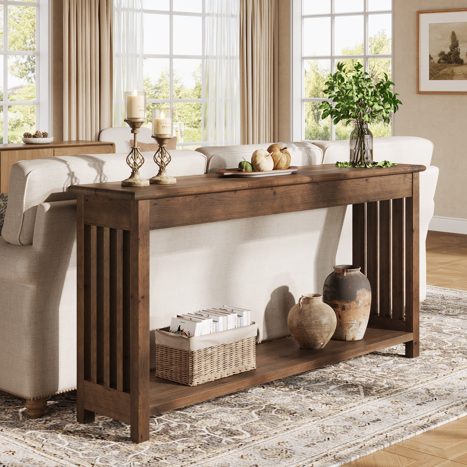 63" Console Table, Farmhouse Wood Entryway Sofa Table with 2-Tier Storage