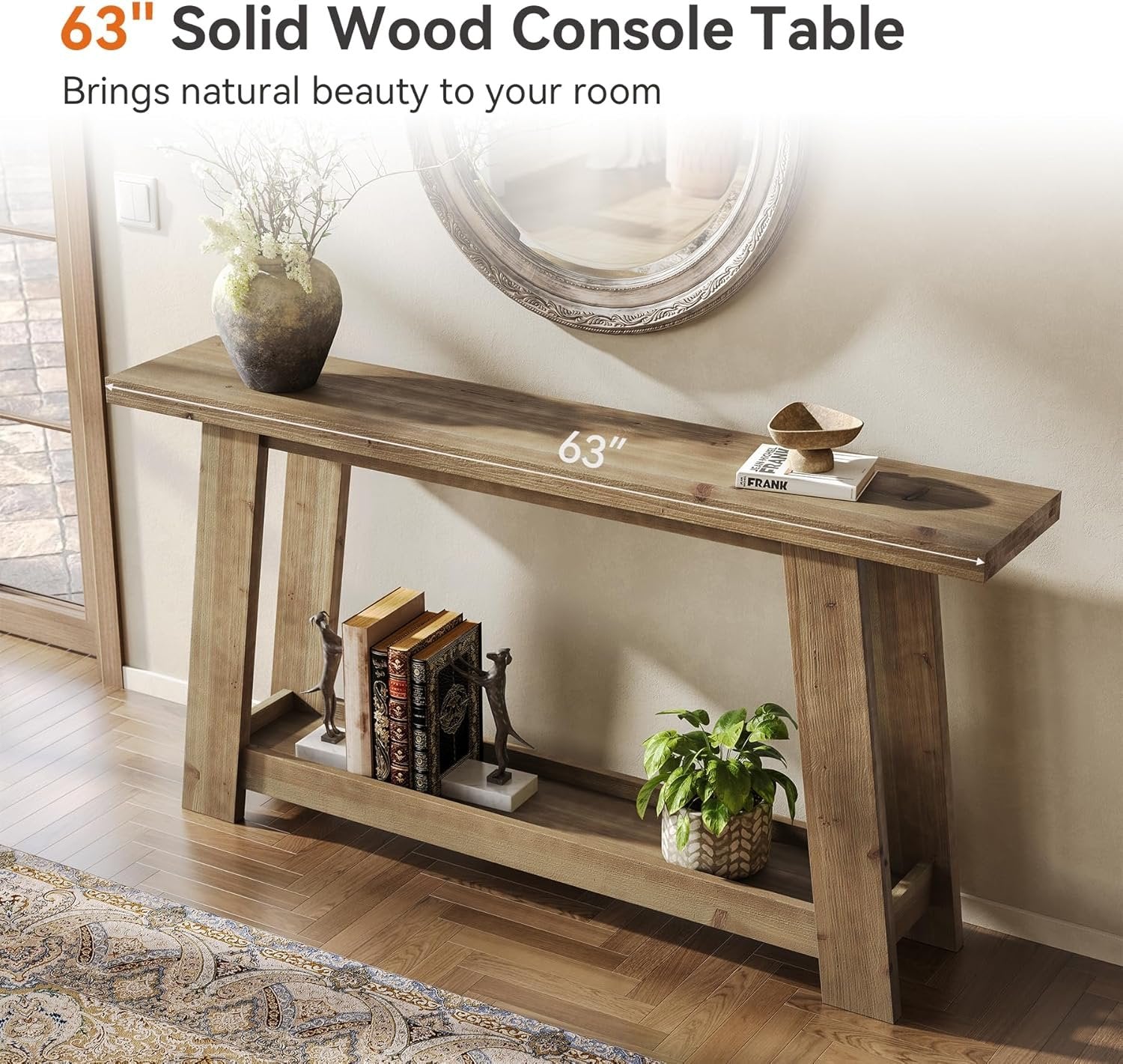 63" Console Table, Farmhouse Wood Sofa Entryway Table with 2-Tier Shelf