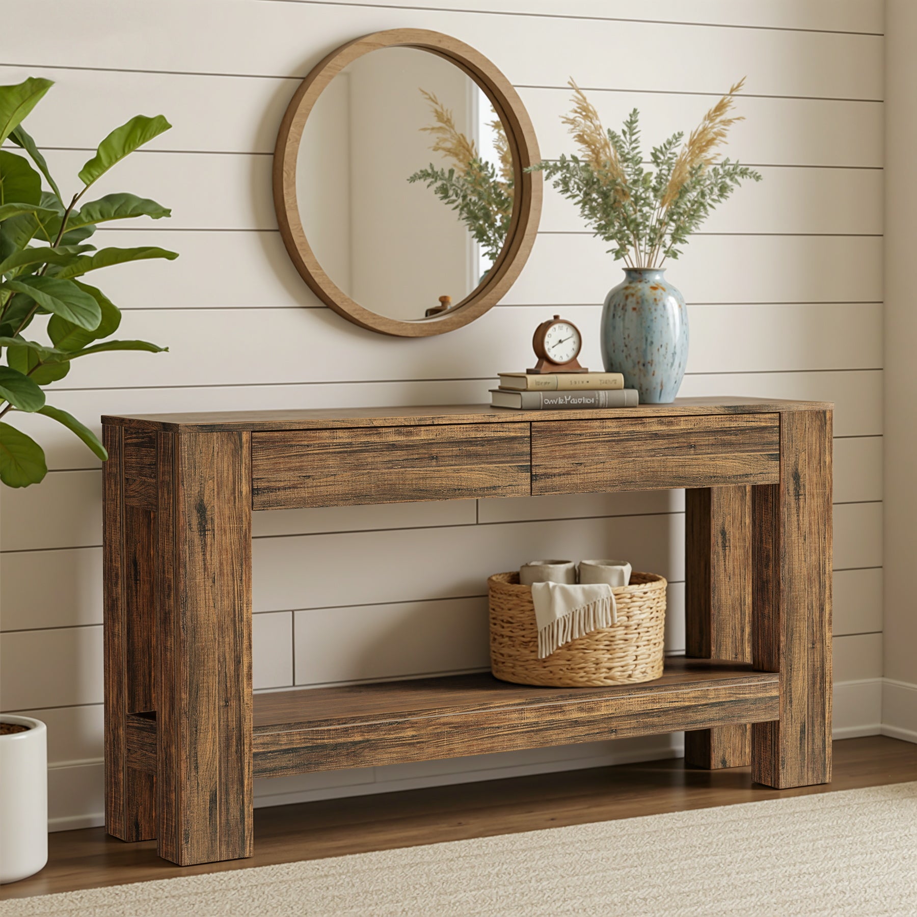 63" Console Table, Farmhouse Wooden Sofa Entryway Table with 2 Drawers