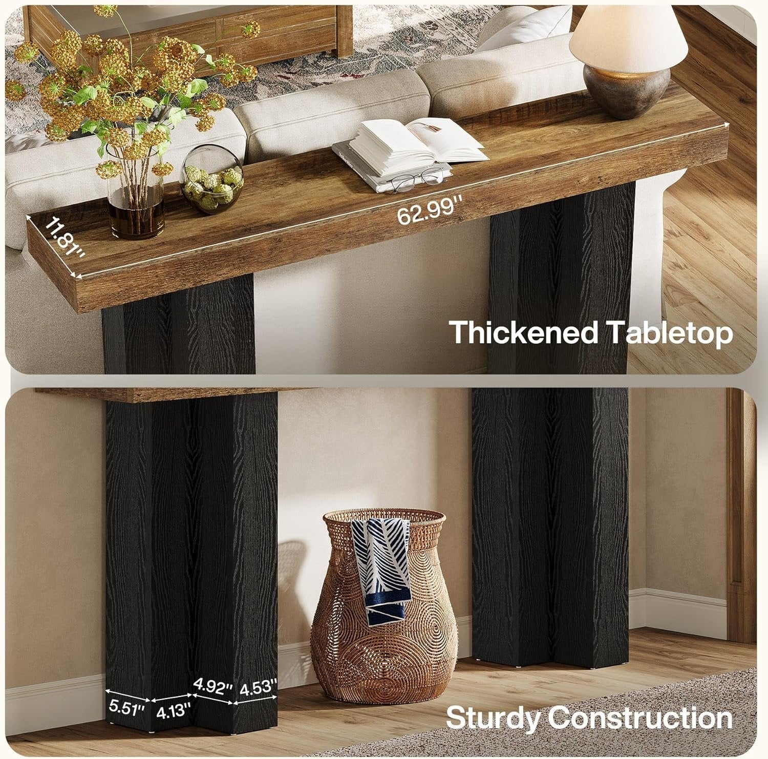 63" Console Table, Narrow Sofa Console Entryway Table with Sturdy Legs