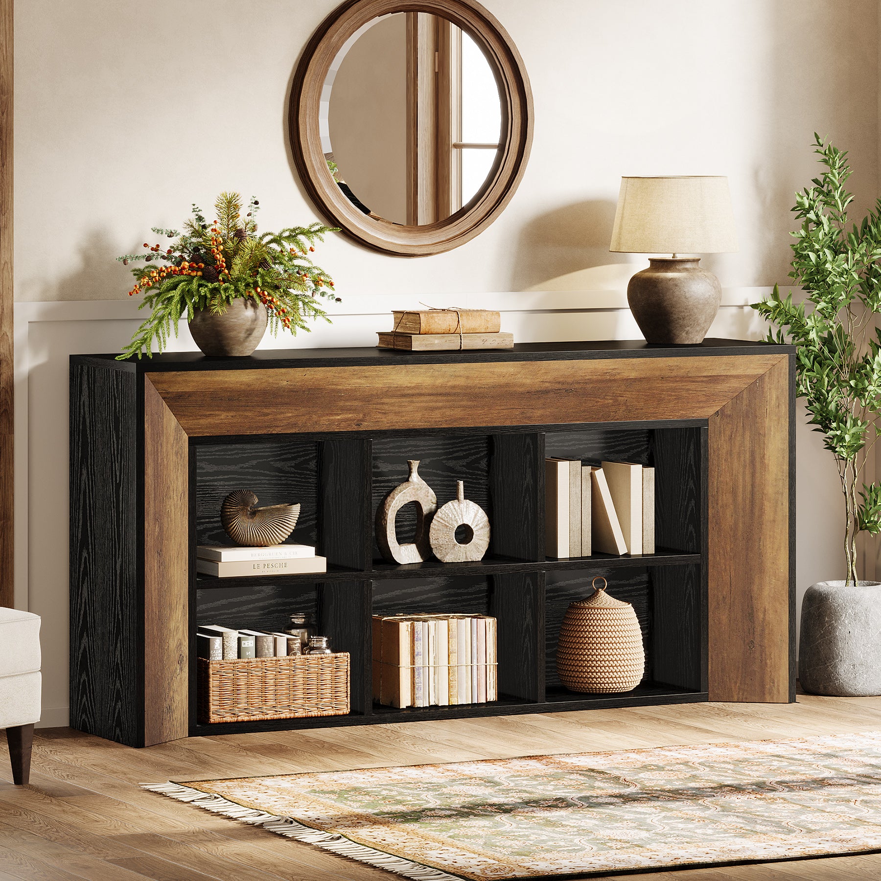 63" Console Table, Rustic Entryway Sofa Table with 6 Storage Cubes