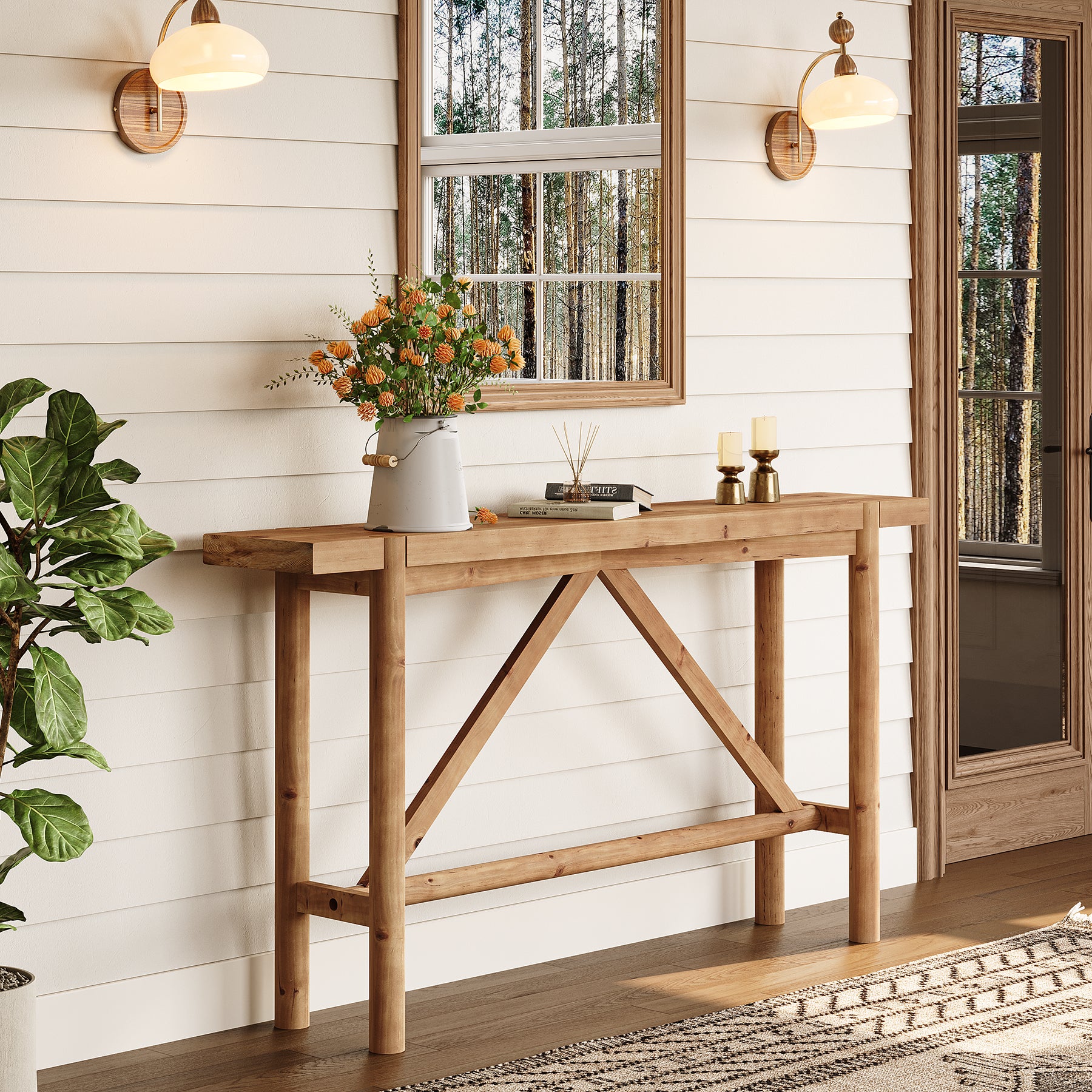 63" Console Table, Solid Wood Farmhouse Sofa Table Hallway Table