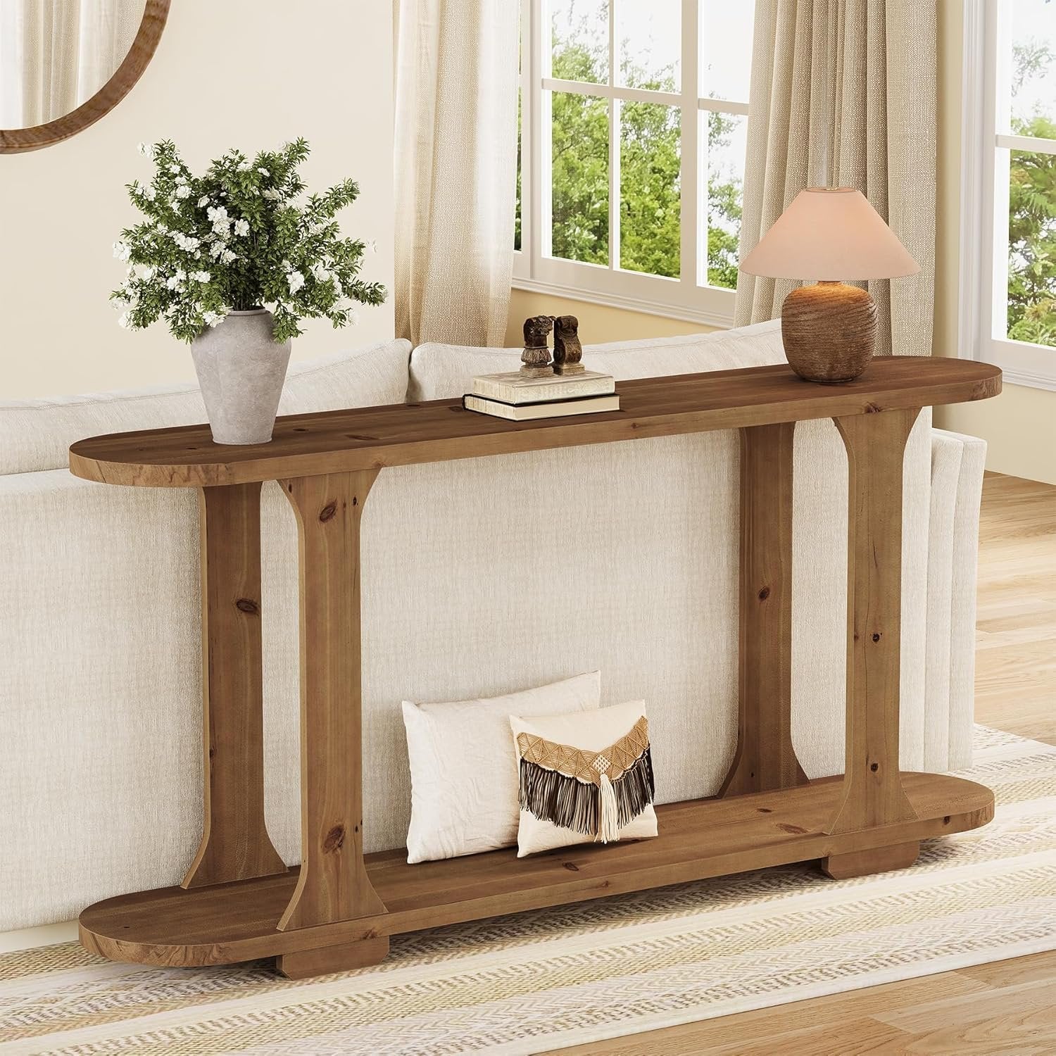 63" Console Table, Solid Wood Oval Curved Sofa Table with 2-Tier Shelf
