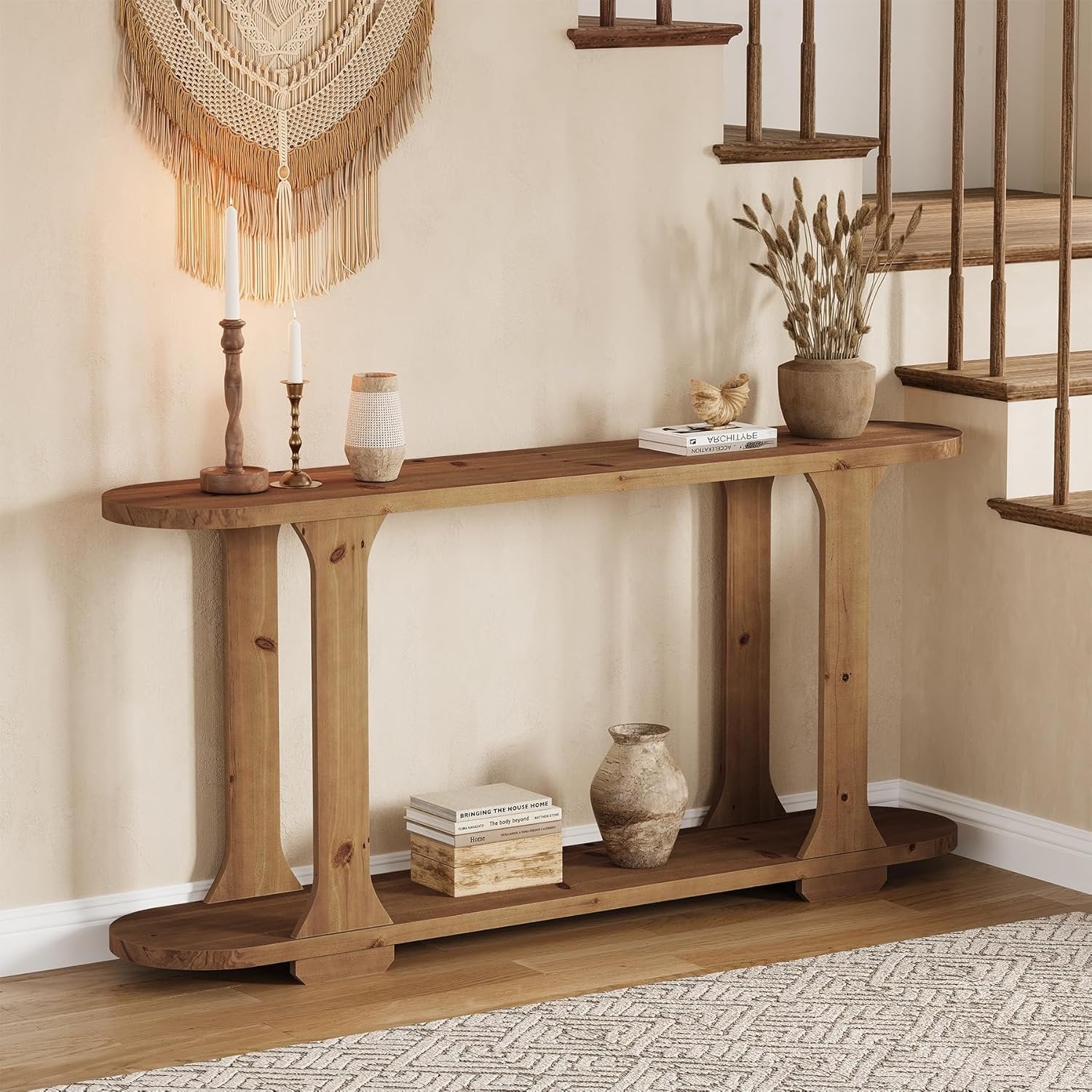 63" Console Table, Solid Wood Oval Curved Sofa Table with 2-Tier Shelf