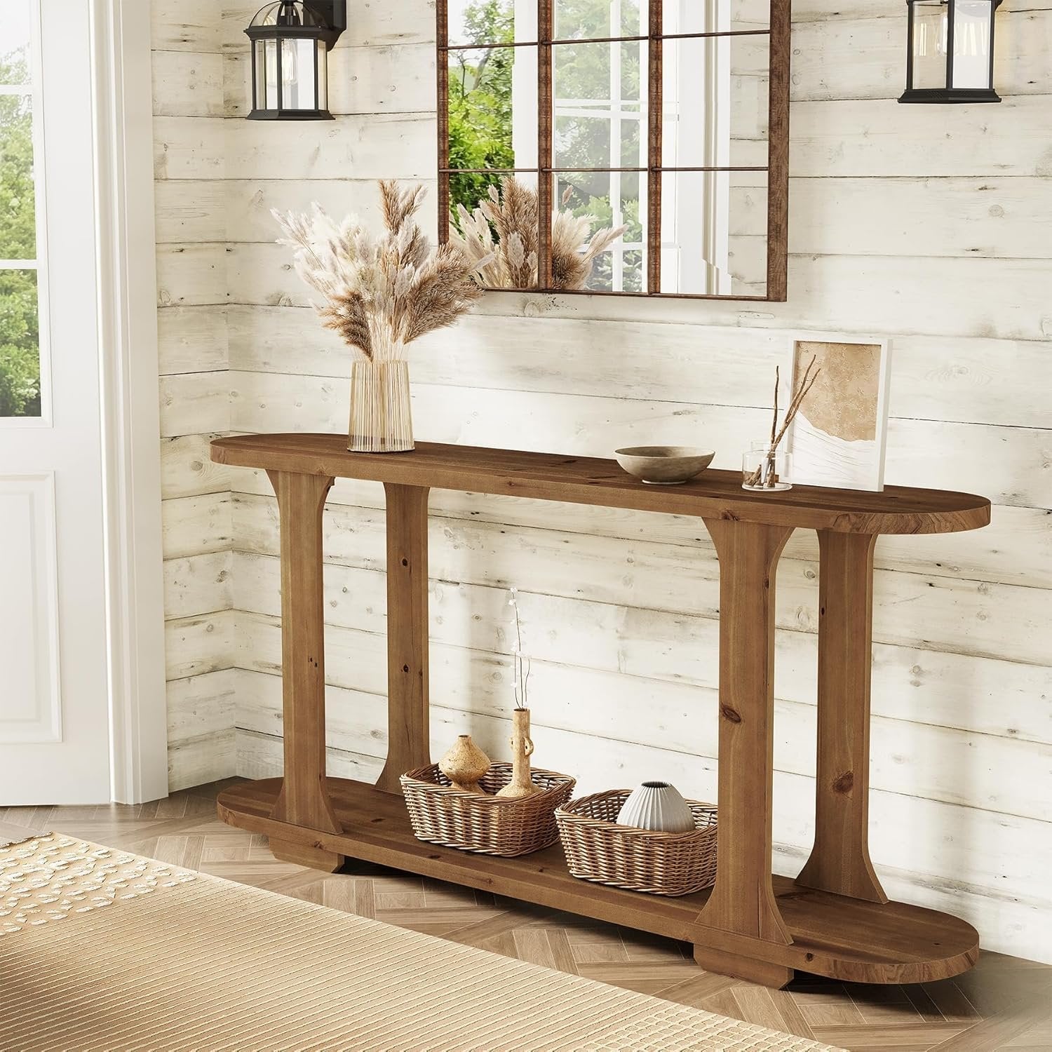 63" Console Table, Solid Wood Oval Curved Sofa Table with 2-Tier Shelf