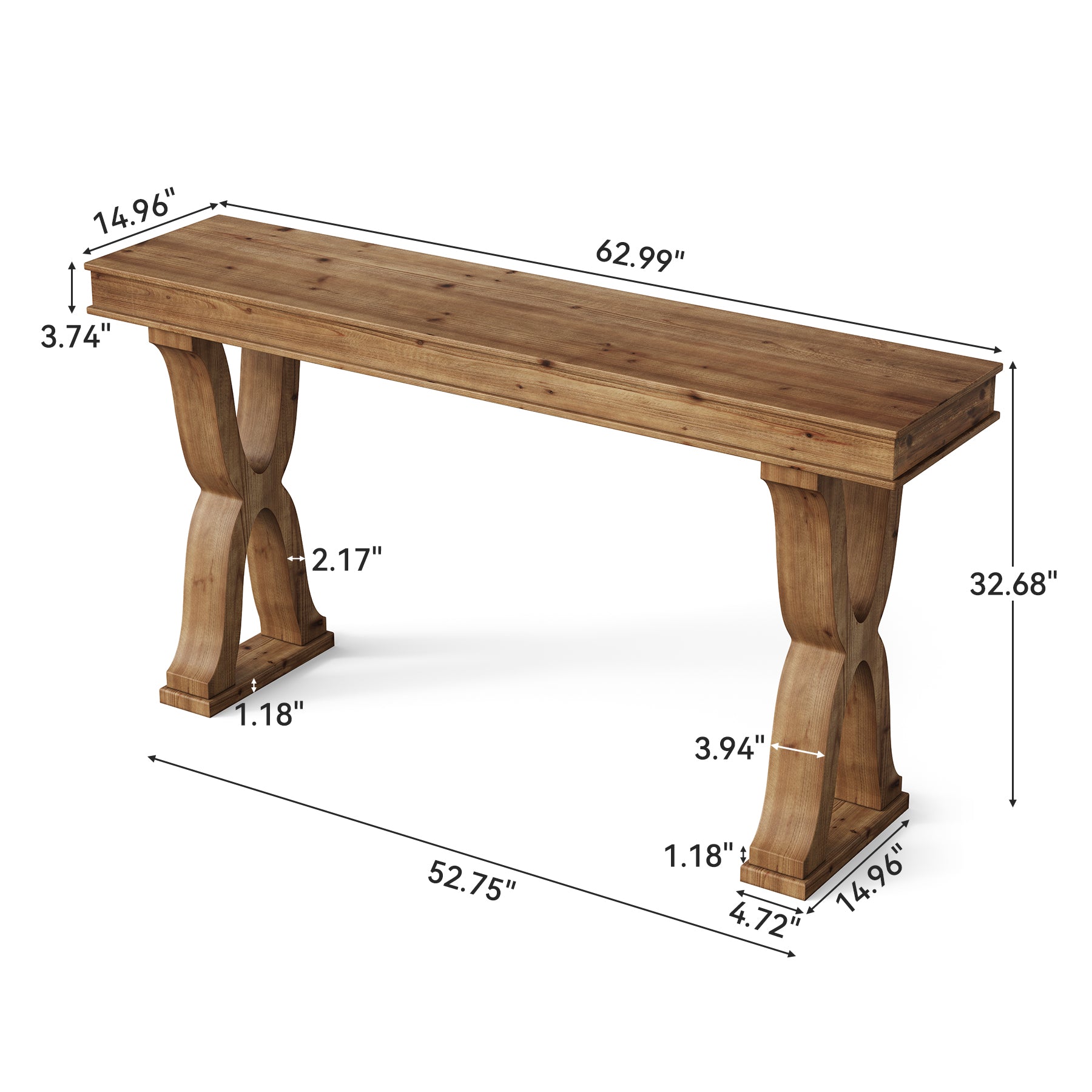 63" Console Table, Solid Wood Sofa Console Entryway Table with X-Shaped Legs