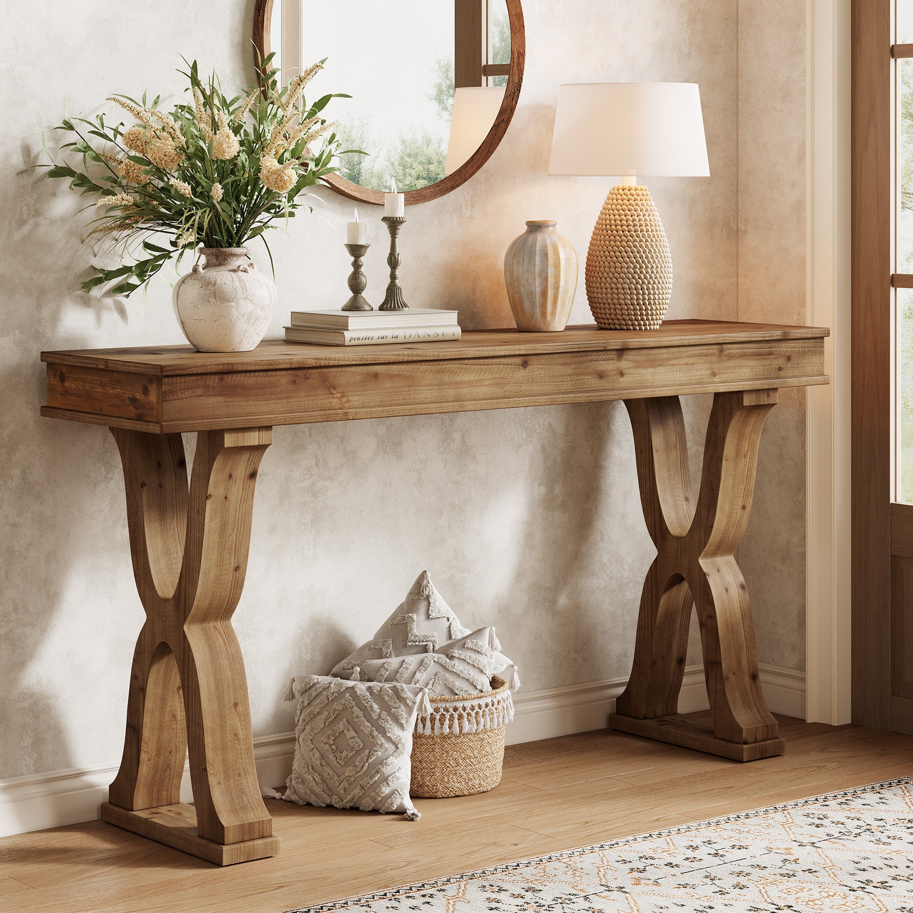 63" Console Table, Solid Wood Sofa Console Entryway Table with X-Shaped Legs
