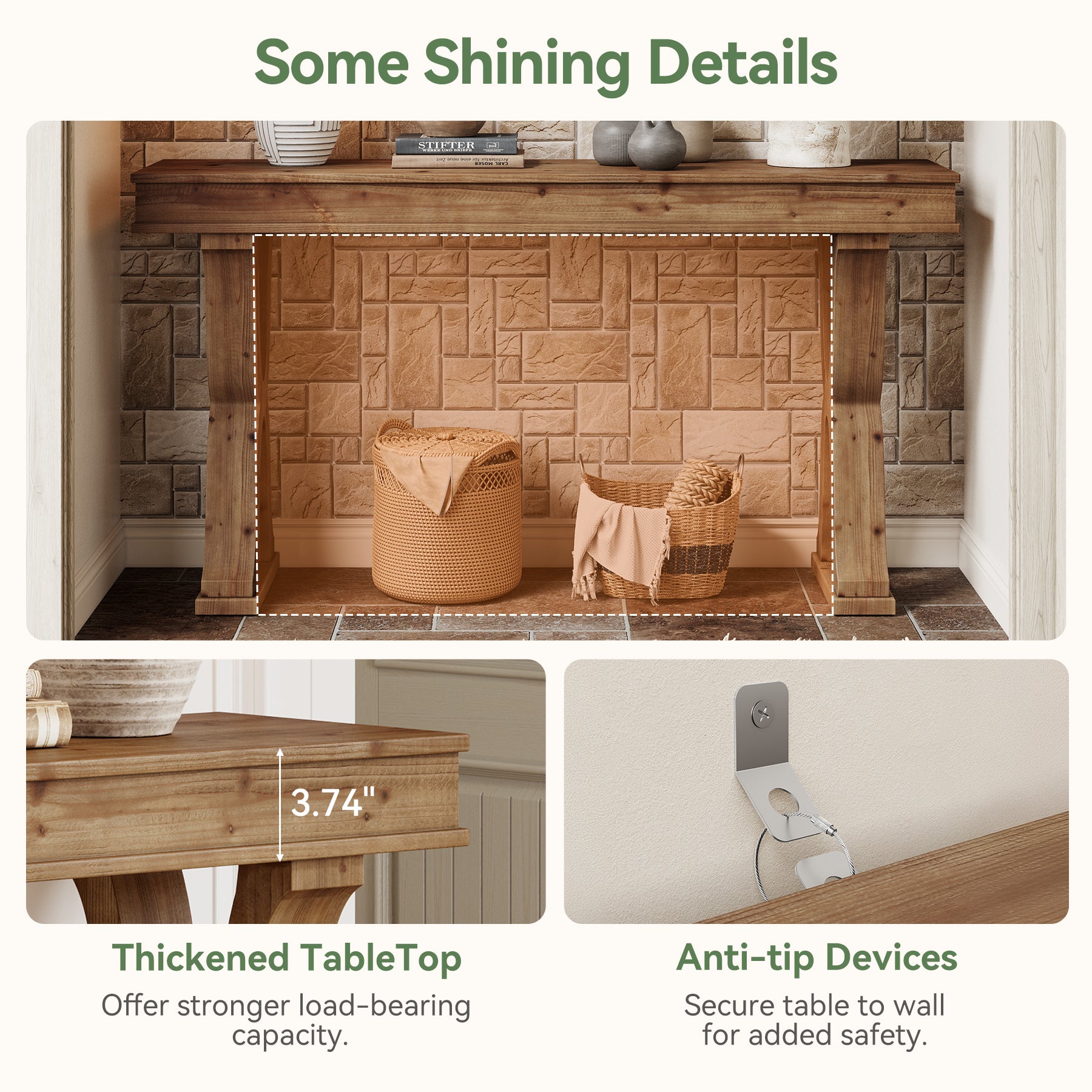 63" Console Table, Solid Wood Sofa Console Entryway Table with X-Shaped Legs