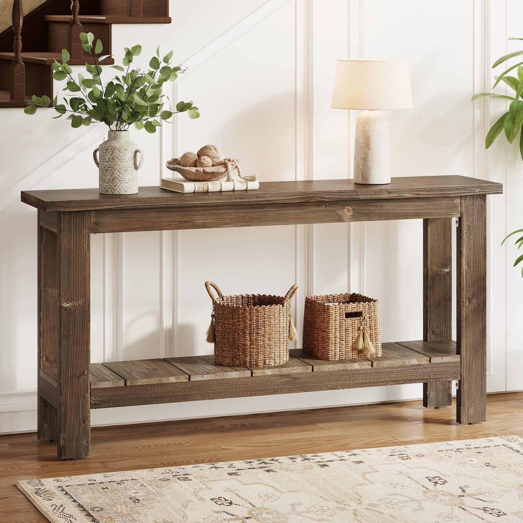 63" Console Table, Solid Wood Sofa Table with 2-Tier Storage Shelf