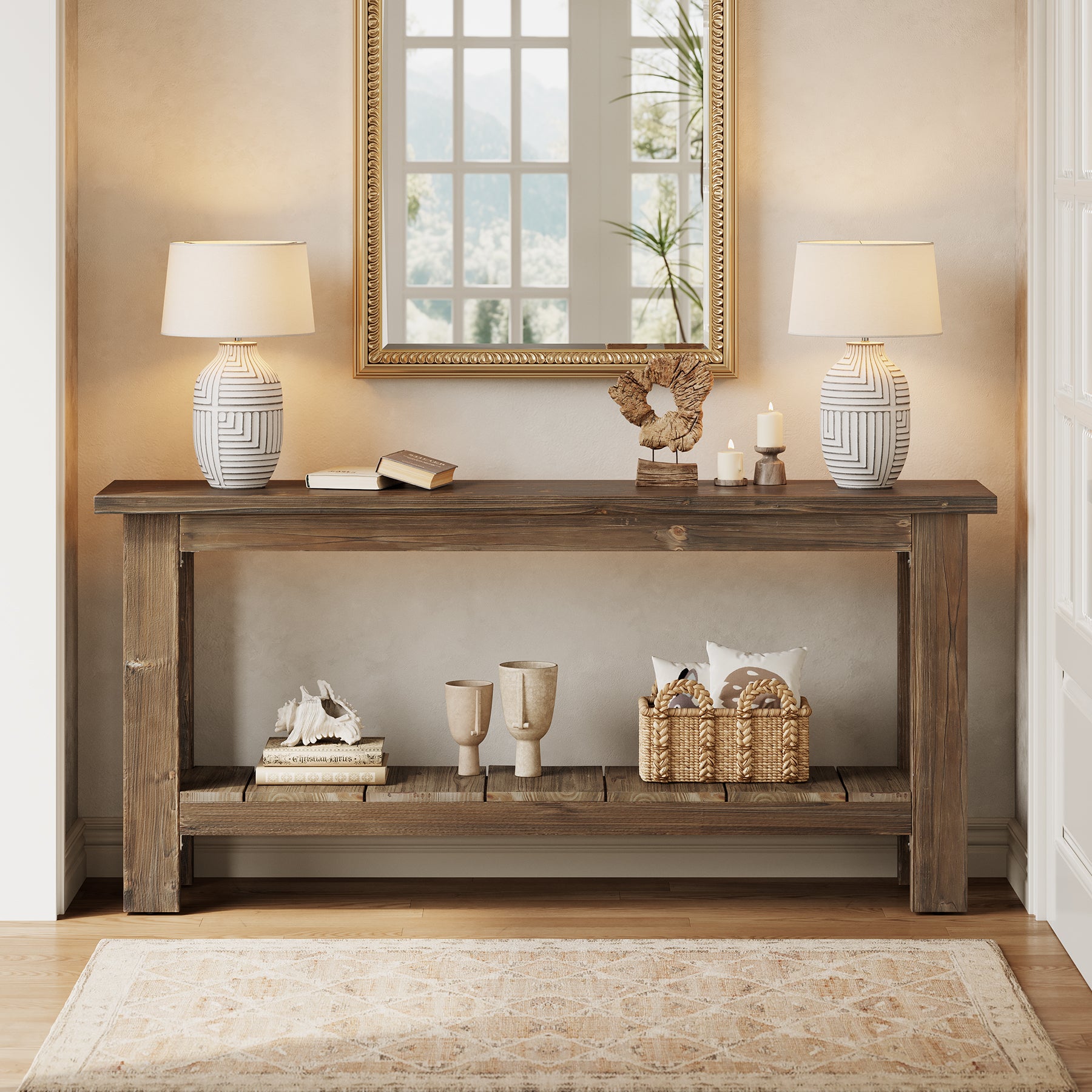 63" Console Table, Solid Wood Sofa Table with 2-Tier Storage Shelf