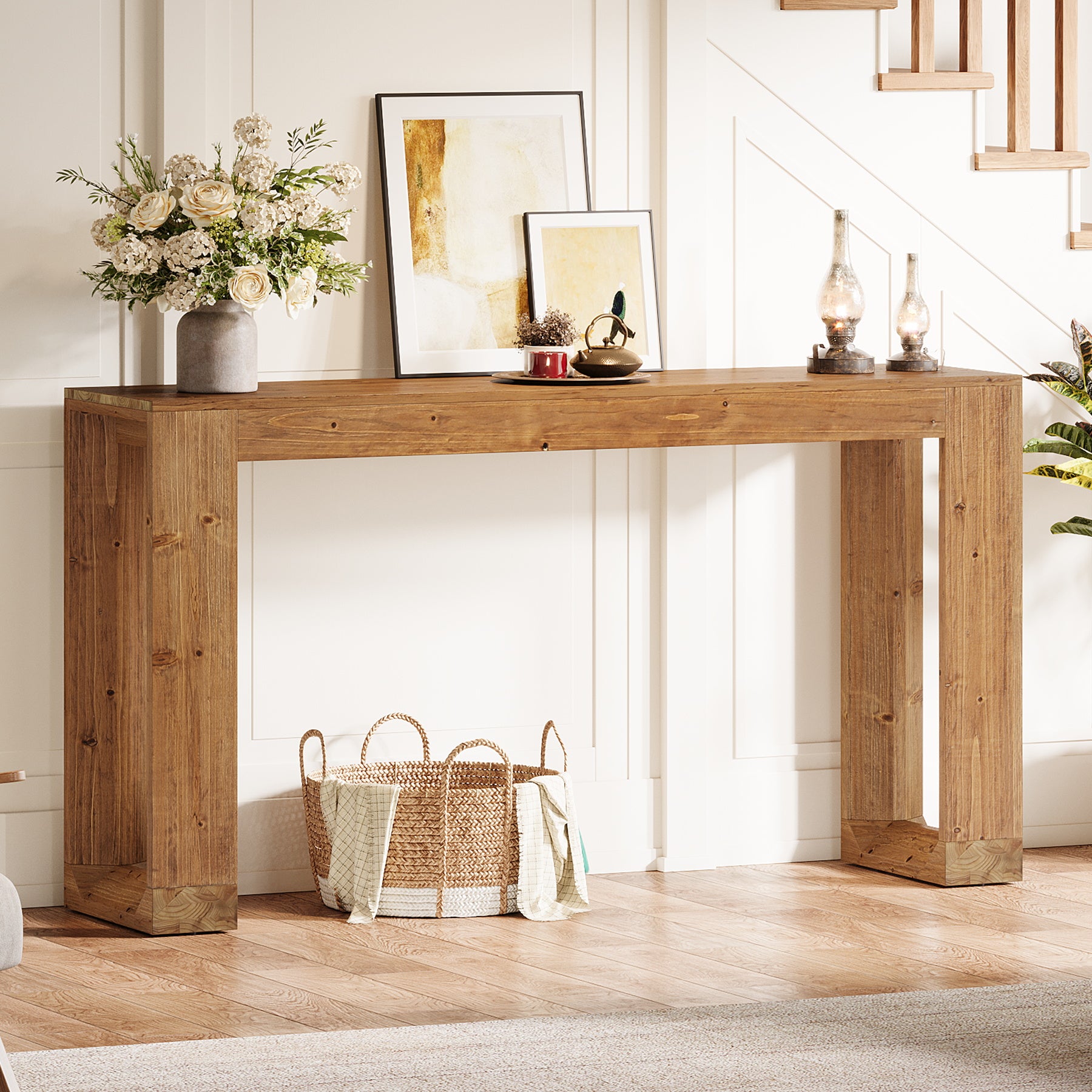 63" Console Table, Solid Wood Sofa Table with Reinforced Base