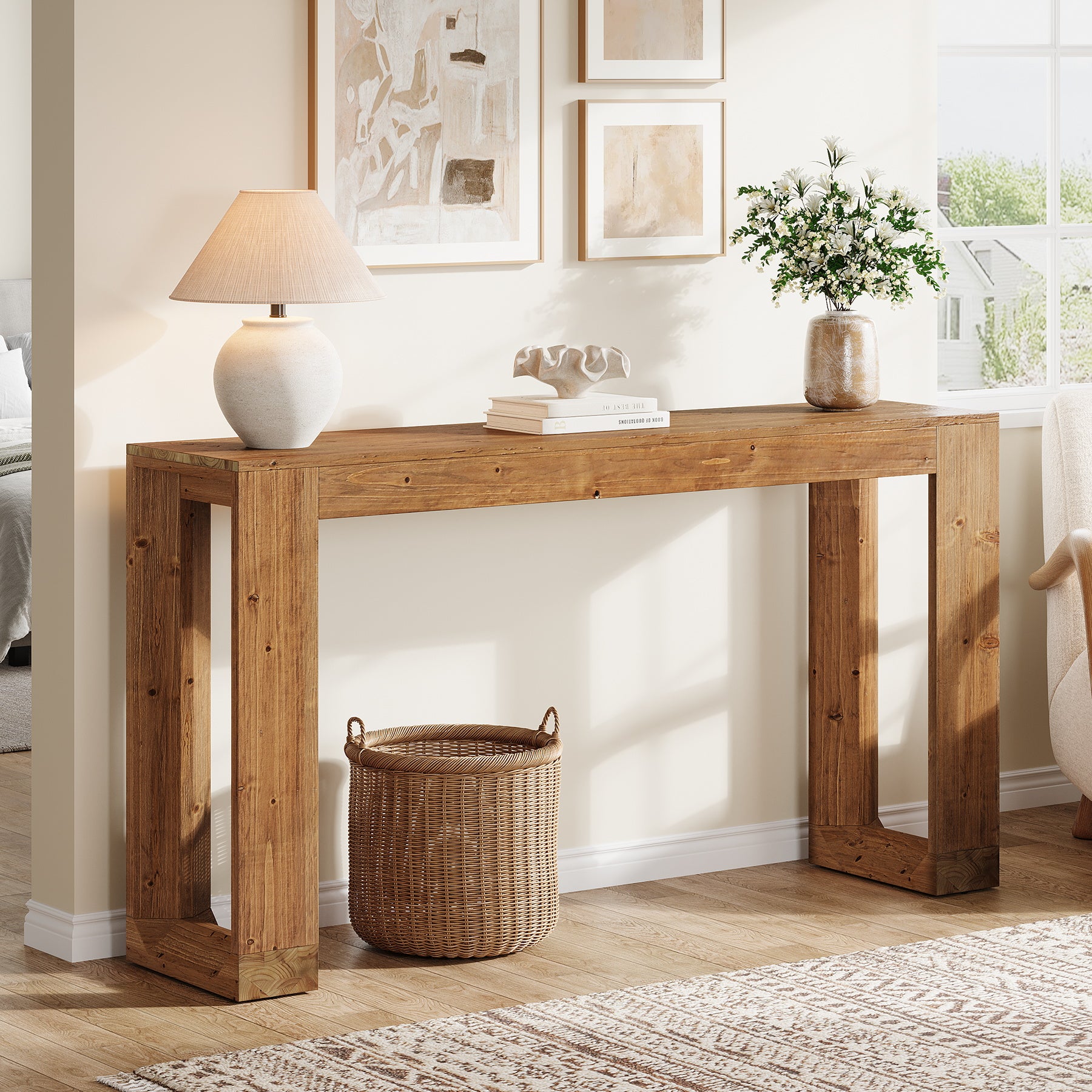 63" Console Table, Solid Wood Sofa Table with Reinforced Base