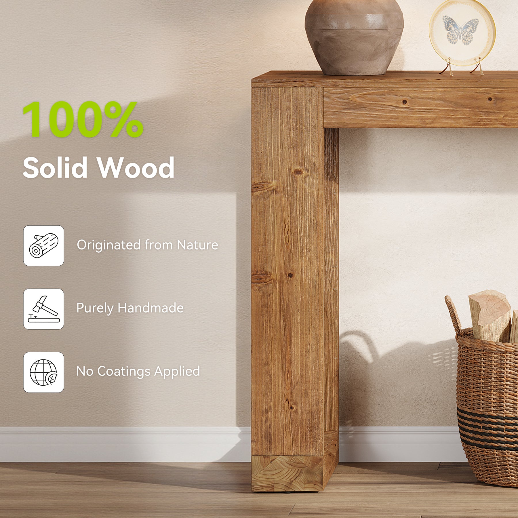 63" Console Table, Solid Wood Sofa Table with Reinforced Base