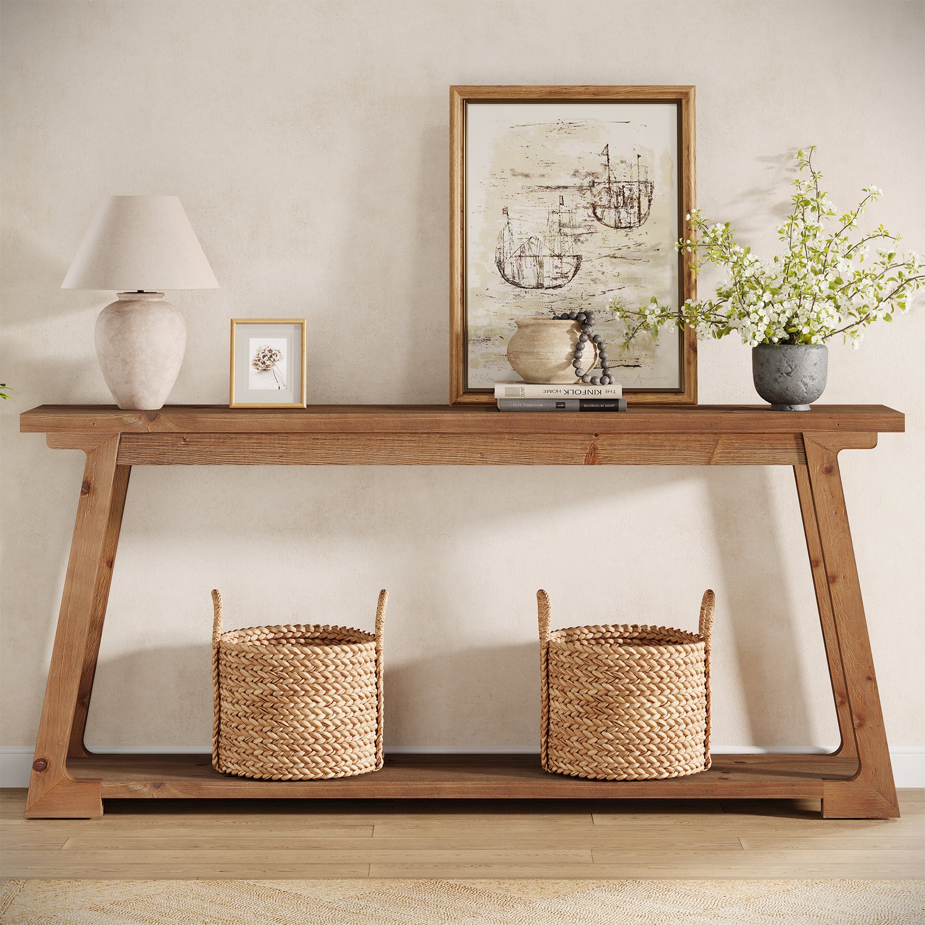 63" Console Table, Wood Sofa Table with 2-Tier Storage for Living Room