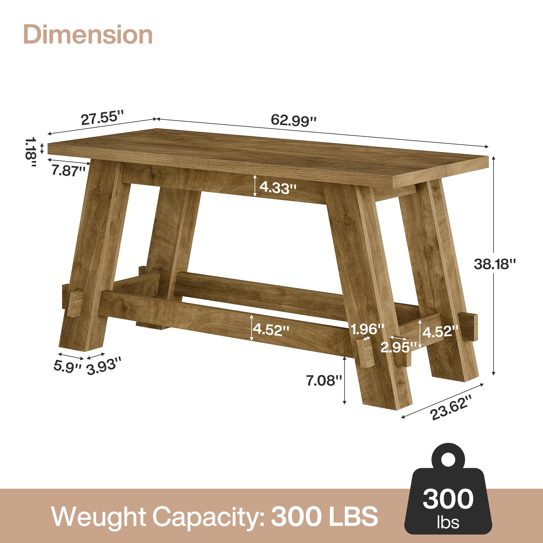 63" Counter Height Bar Table, Rectangular High Top Pub Table Home Bar Unit with Footrest