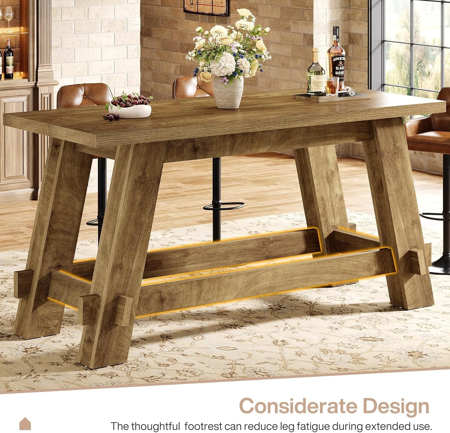 63" Counter Height Bar Table, Rectangular High Top Pub Table Home Bar Unit with Footrest