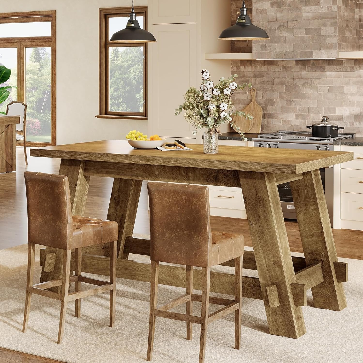 63" Counter Height Bar Table, Rectangular High Top Pub Table Home Bar Unit with Footrest