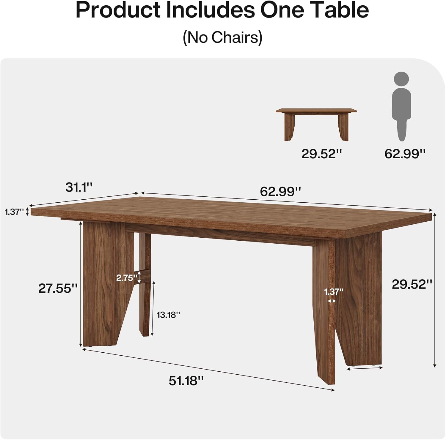 63" Dining Table, Farmhouse Kitchen Dinner Table for 4-6 People