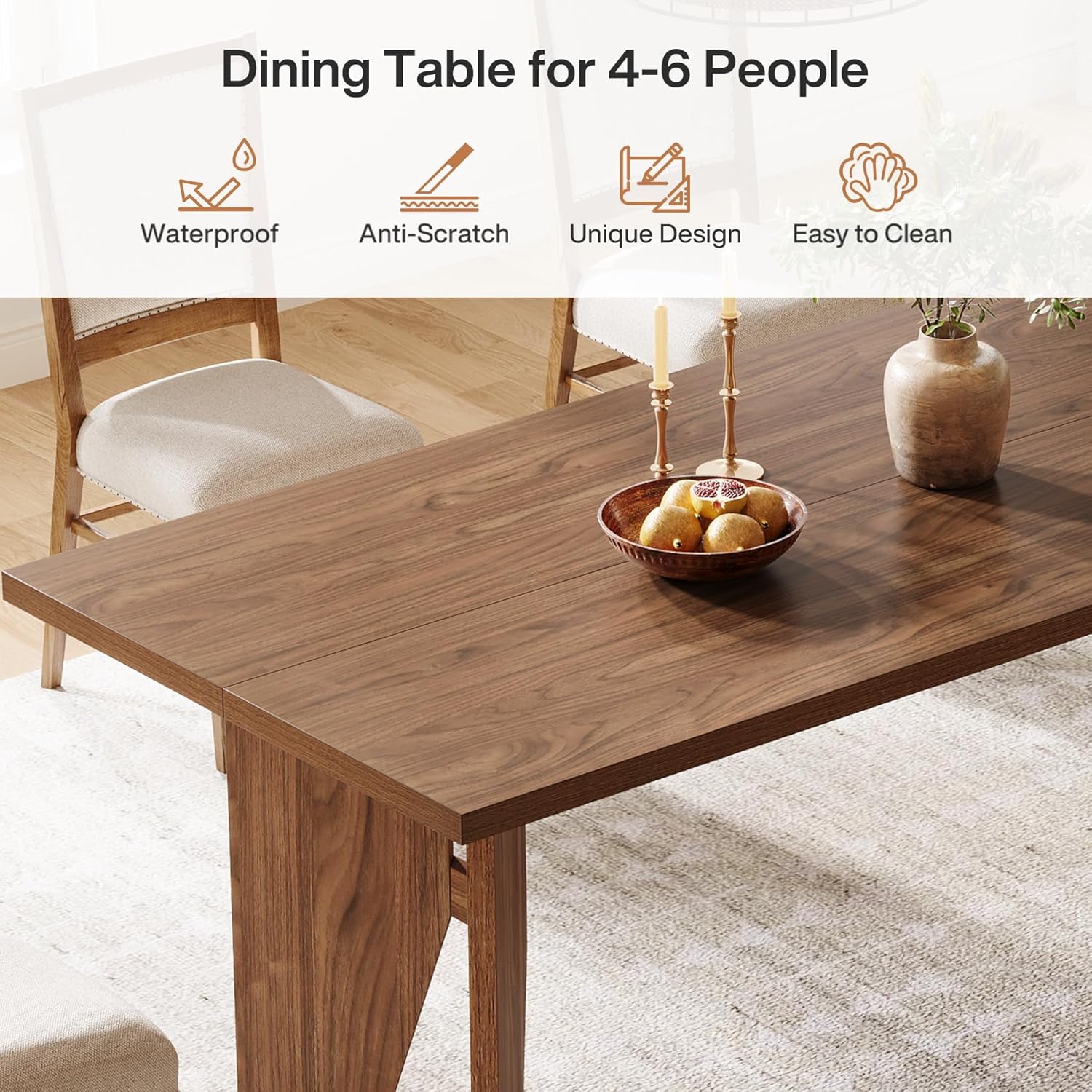 63" Dining Table, Farmhouse Kitchen Dinner Table for 4-6 People