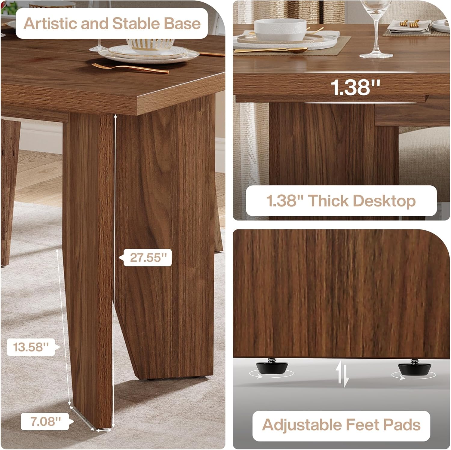 63" Dining Table, Farmhouse Kitchen Dinner Table for 4-6 People