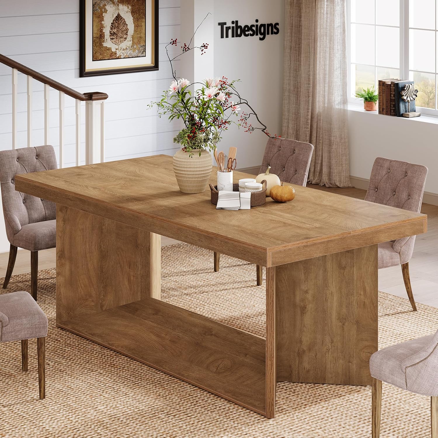63" Dining Table, Farmhouse Kitchen Table with Heavy Duty Pedestal for 4 - 6 Tribesigns
