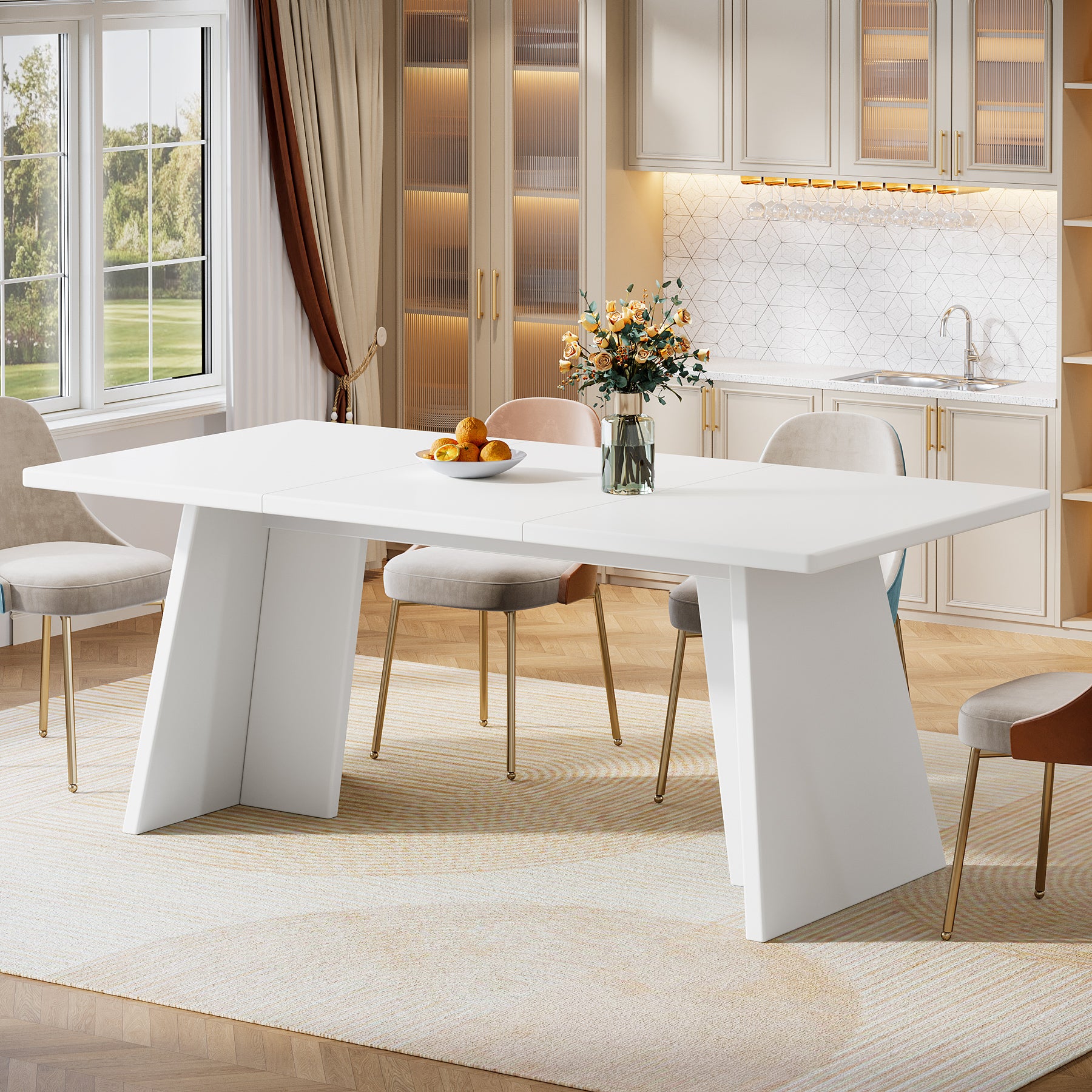 63" Dining Table, Modern Kitchen Table with Double Robust Pedestal for 4-6