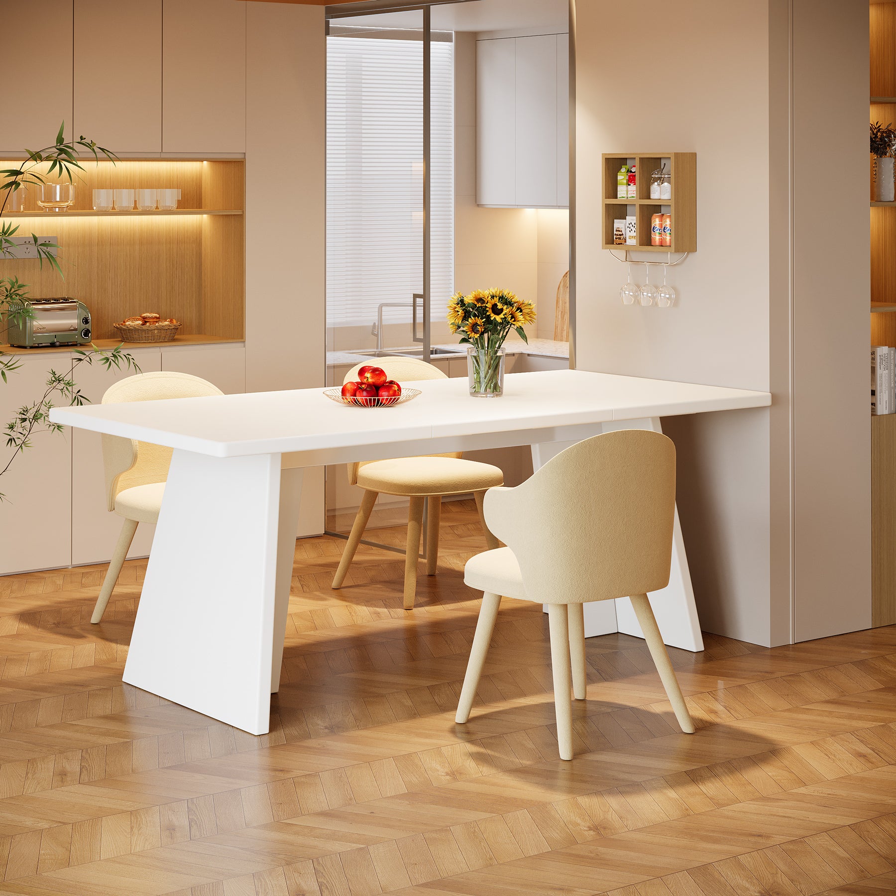 63" Dining Table, Modern Kitchen Table with Double Robust Pedestal for 4-6