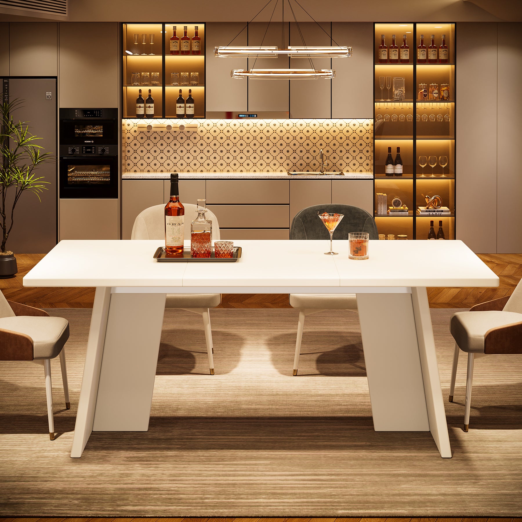 63" Dining Table, Modern Kitchen Table with Double Robust Pedestal for 4-6