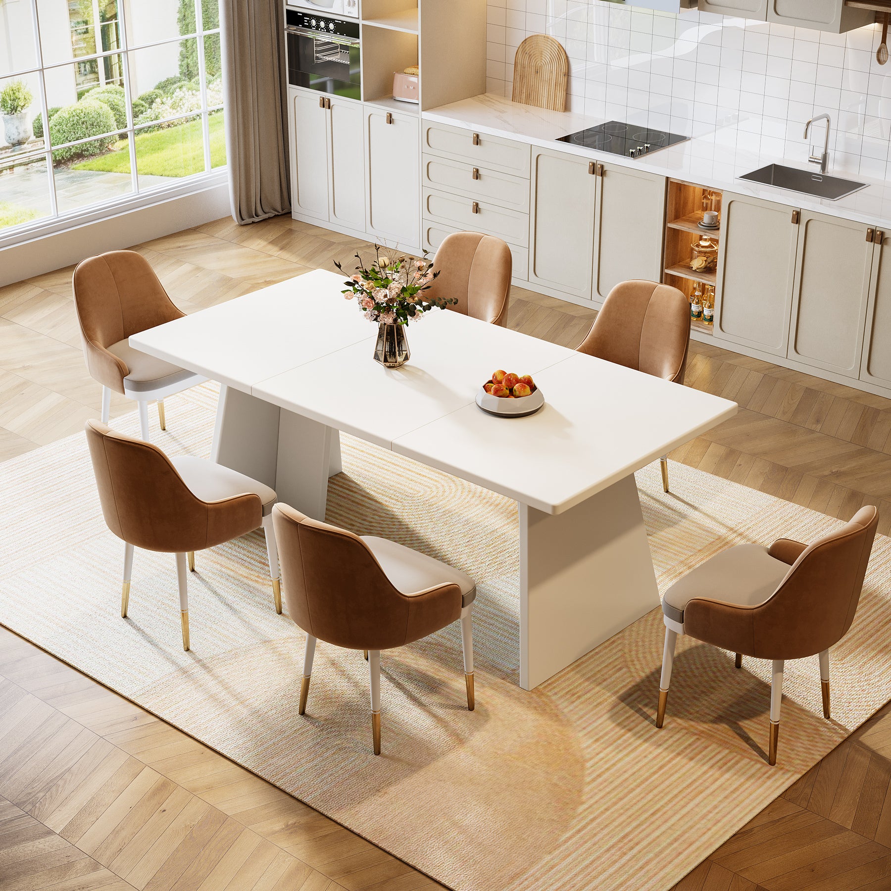 63" Dining Table, Modern Kitchen Table with Double Robust Pedestal for 4-6