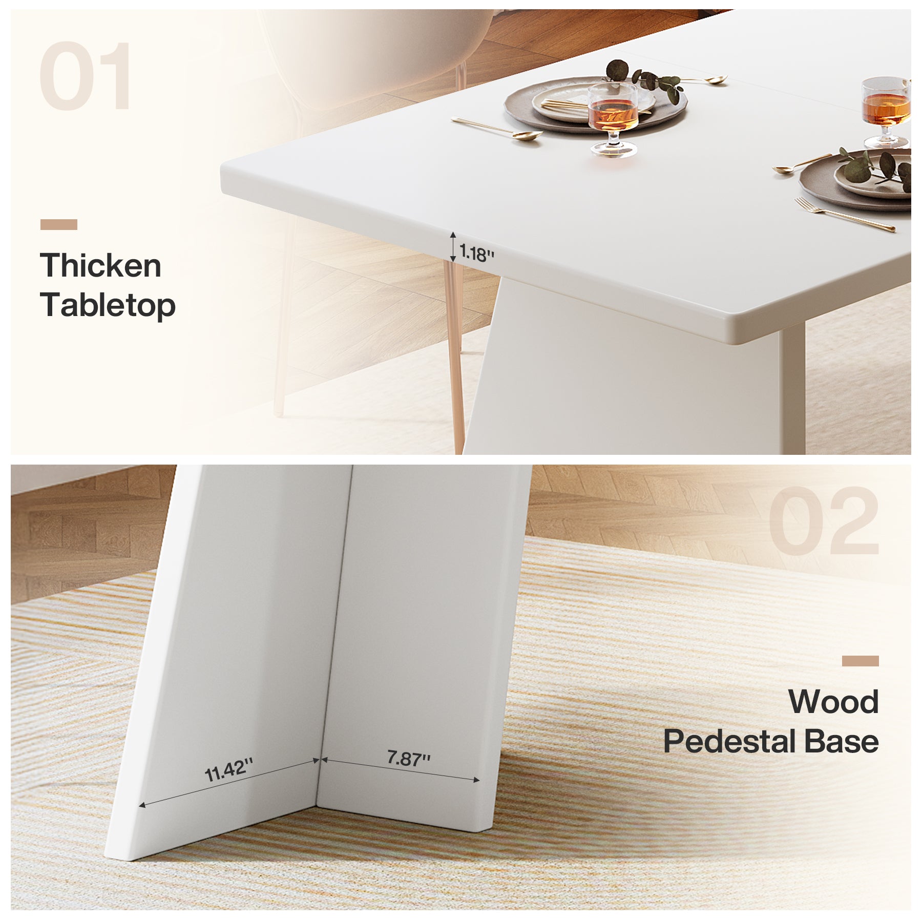 63" Dining Table, Modern Kitchen Table with Double Robust Pedestal for 4-6