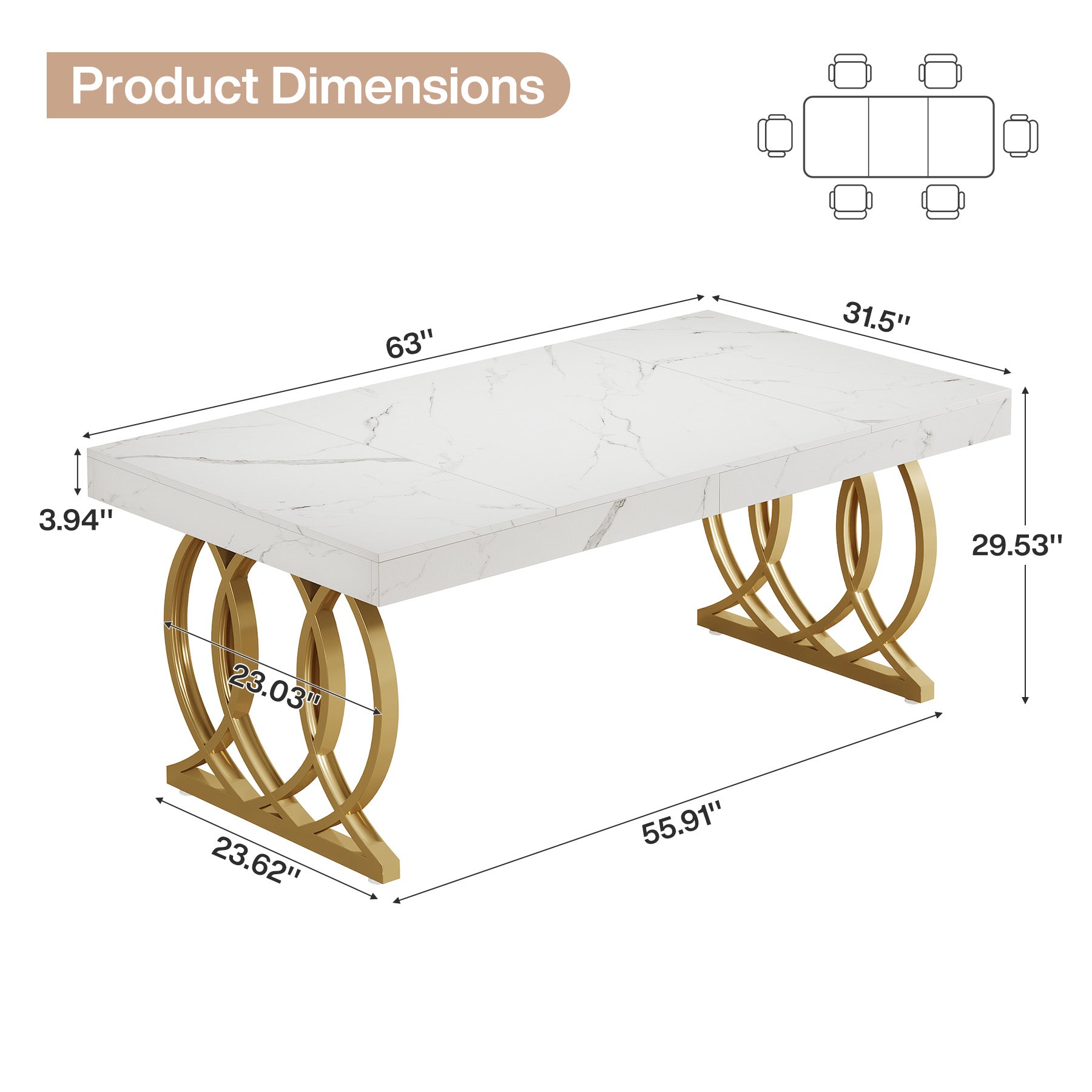 63" Dining Table, Modern Kitchen Table with Faux Marble Tabletop for 4-6