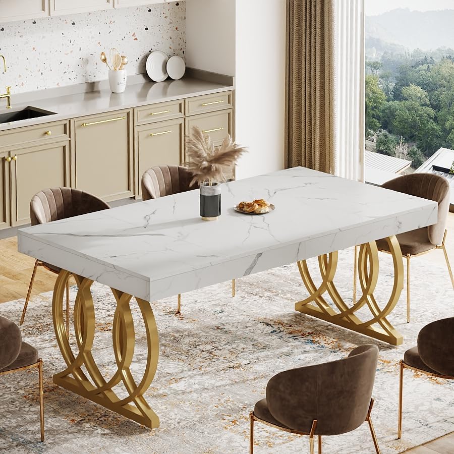 63" Dining Table, Modern Kitchen Table with Faux Marble Tabletop for 4-6