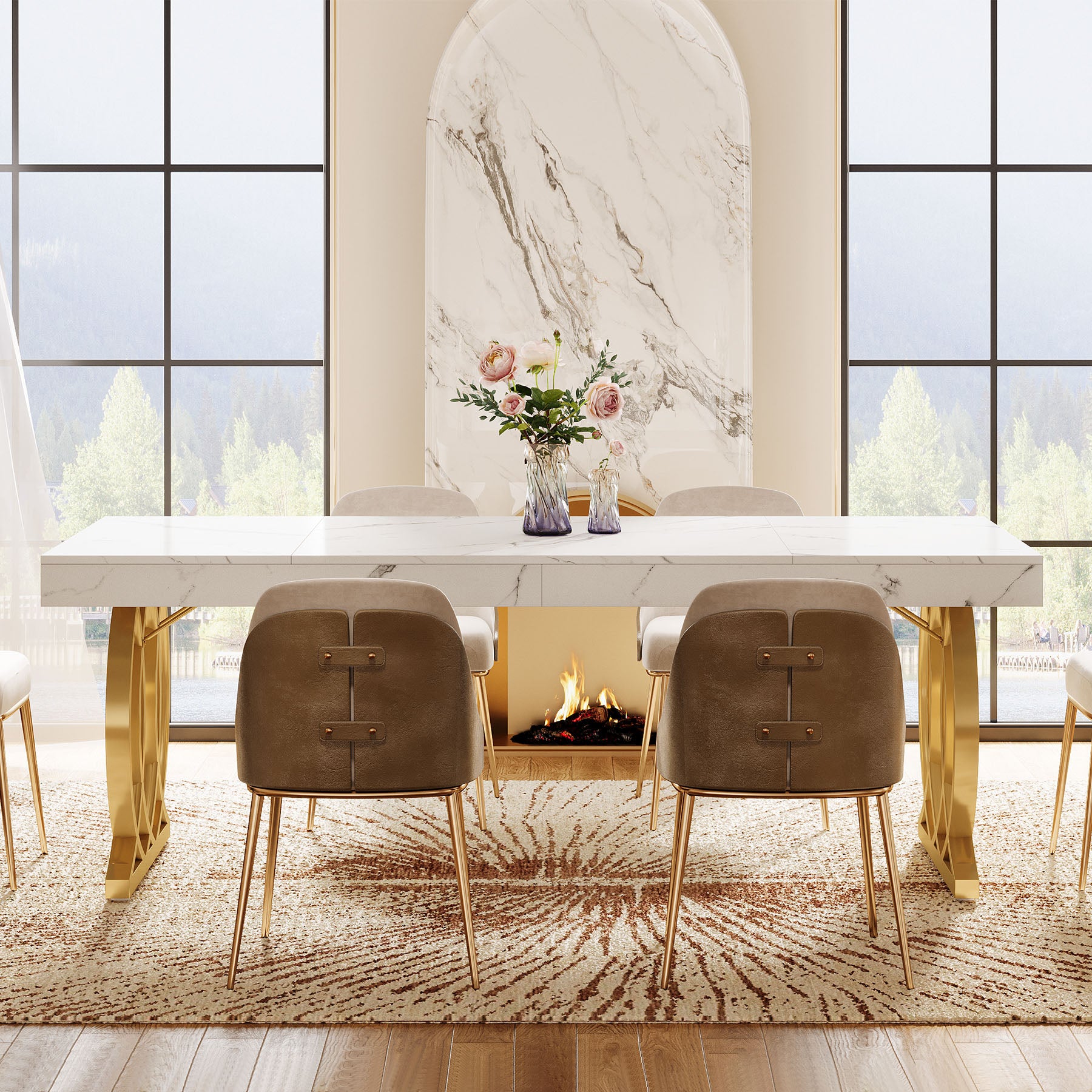 63" Dining Table, Modern Kitchen Table with Faux Marble Tabletop for 4-6