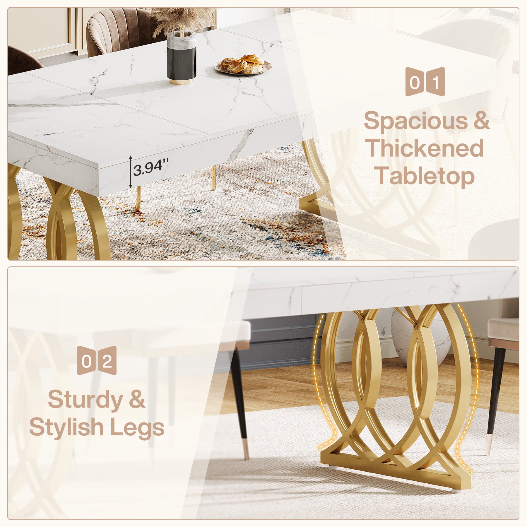 63" Dining Table, Modern Kitchen Table with Faux Marble Tabletop for 4-6