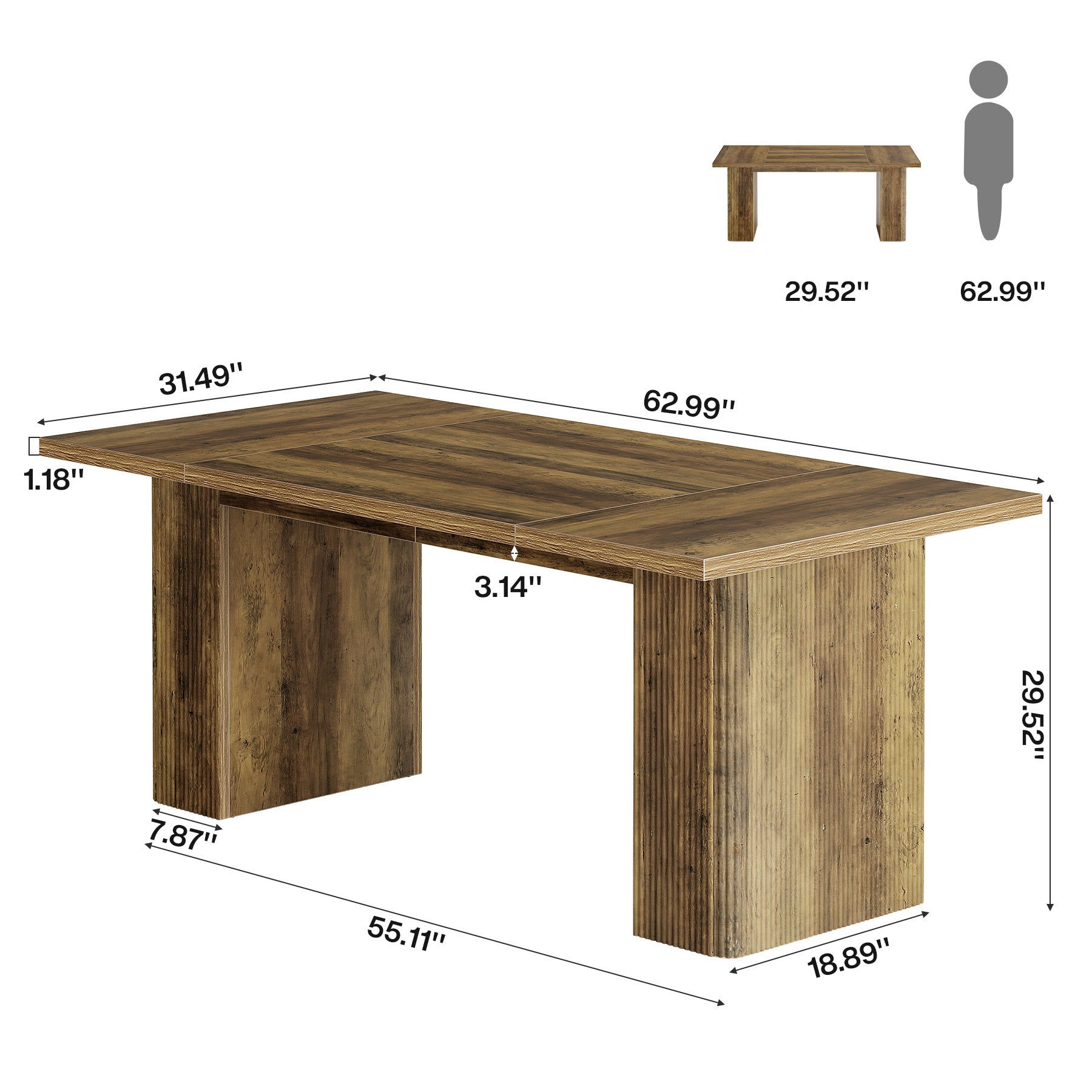 63" Dining Table, Rectangle Farmhouse Kitchen Dinner Table for 4-6 People