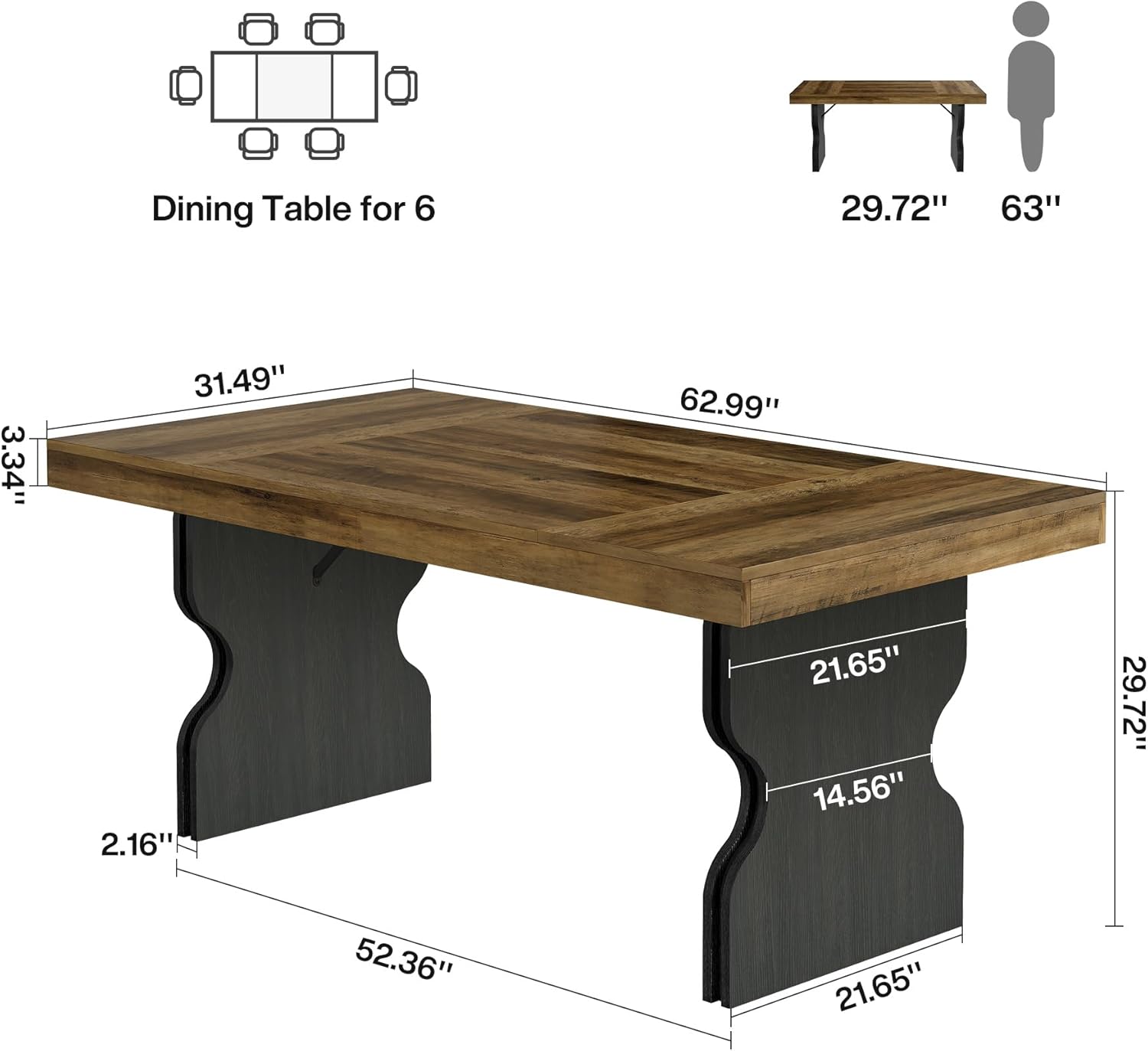 63" Dining Table, Rectangle Kitchen Dinner Table with Hourglass Shape Legs for 4-6
