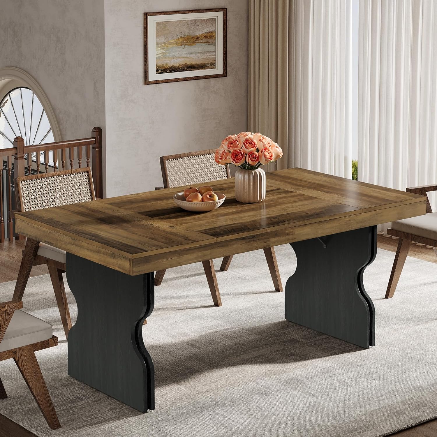 63" Dining Table, Rectangle Kitchen Dinner Table with Hourglass Shape Legs for 4-6