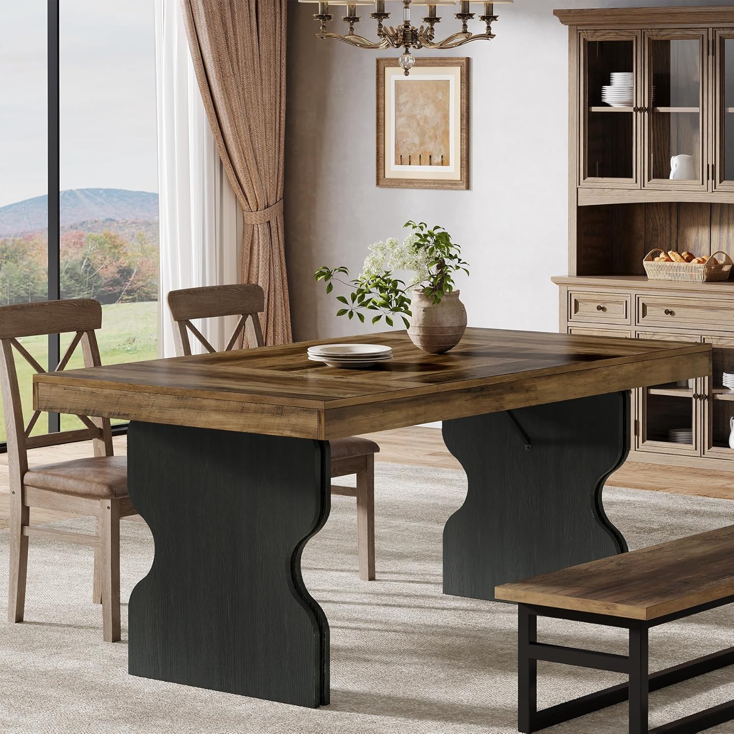 63" Dining Table, Rectangle Kitchen Dinner Table with Hourglass Shape Legs for 4-6