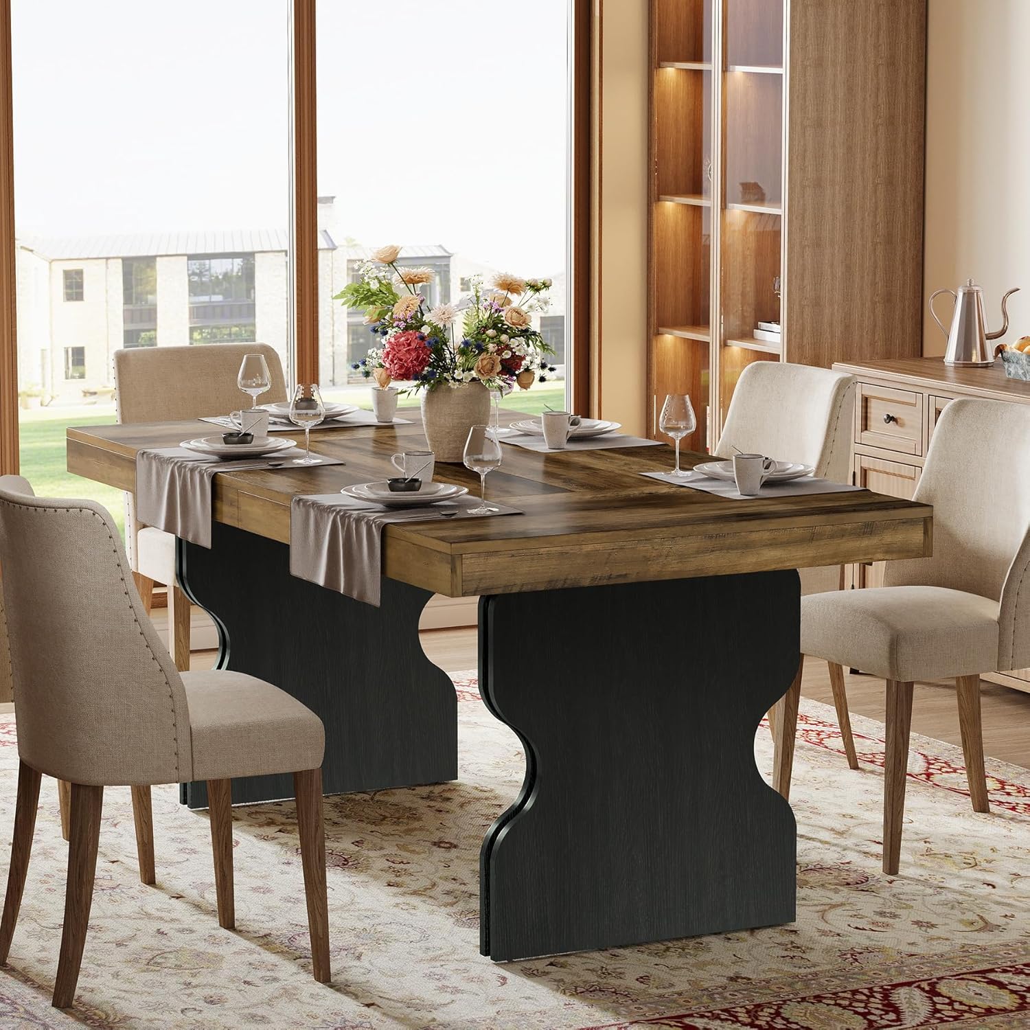 63" Dining Table, Rectangle Kitchen Dinner Table with Hourglass Shape Legs for 4-6